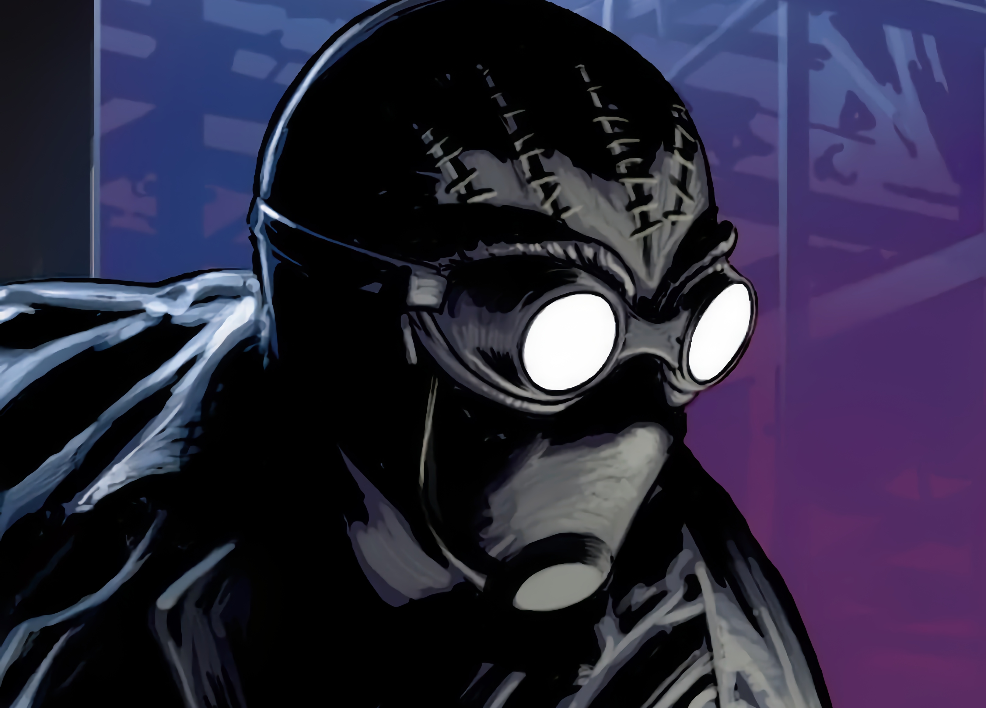 Shadowy closeup comic art of the character Spider-Man Noir with a purple background" data-uuid="d9c82d87-3578-30b0-b730-f58f1197d963