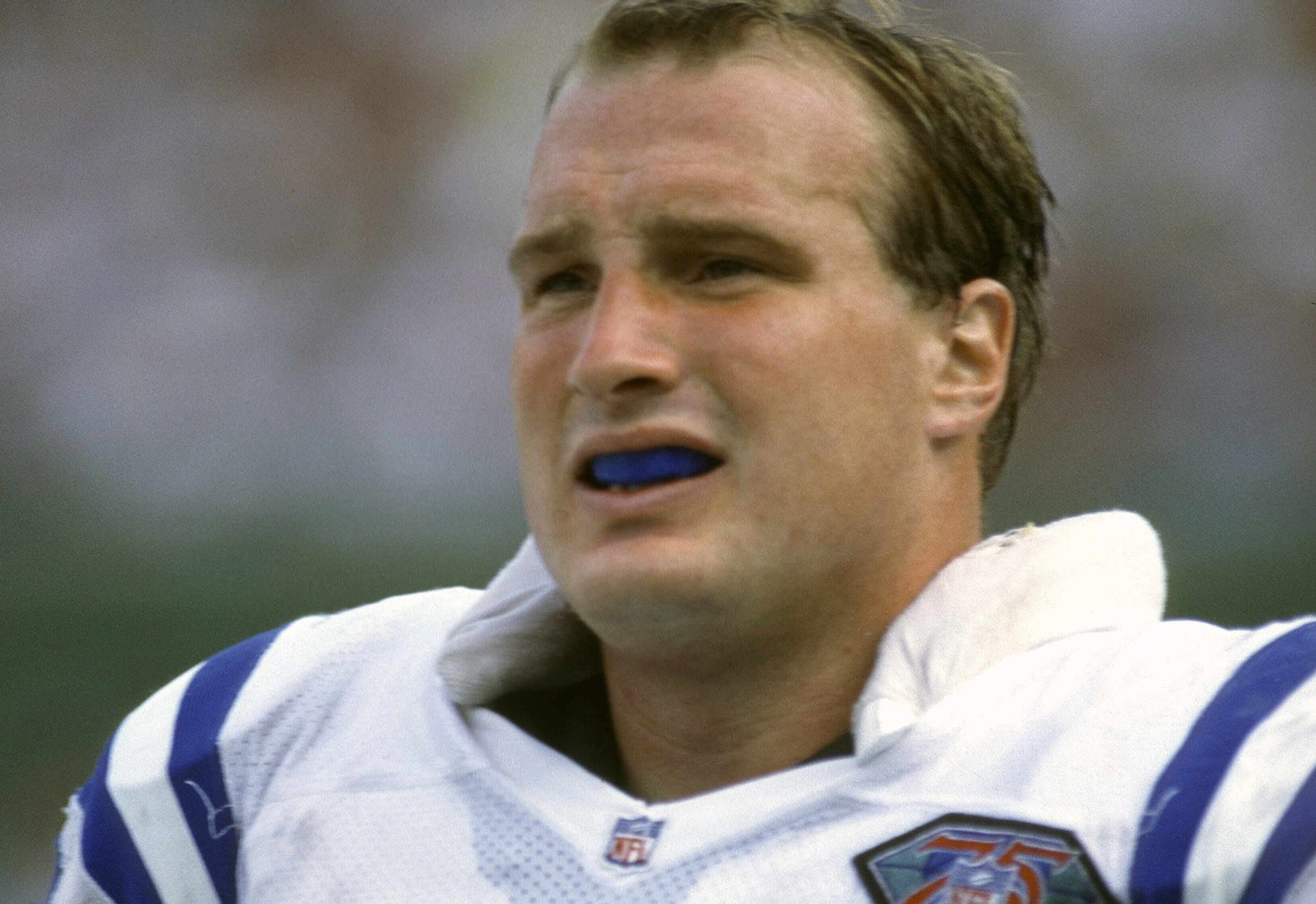 FOXBORO, MA - DECEMBER 11: Joe Staysniak #79 of the Indianapolis Colts looks on against the New England Patriots during an NFL football game December 11, 1994 at Foxboro Stadium in Foxboro, Massachusetts. Staysniak played for the Colts from 1992-95. (Photo by Focus on Sport/Getty Images)