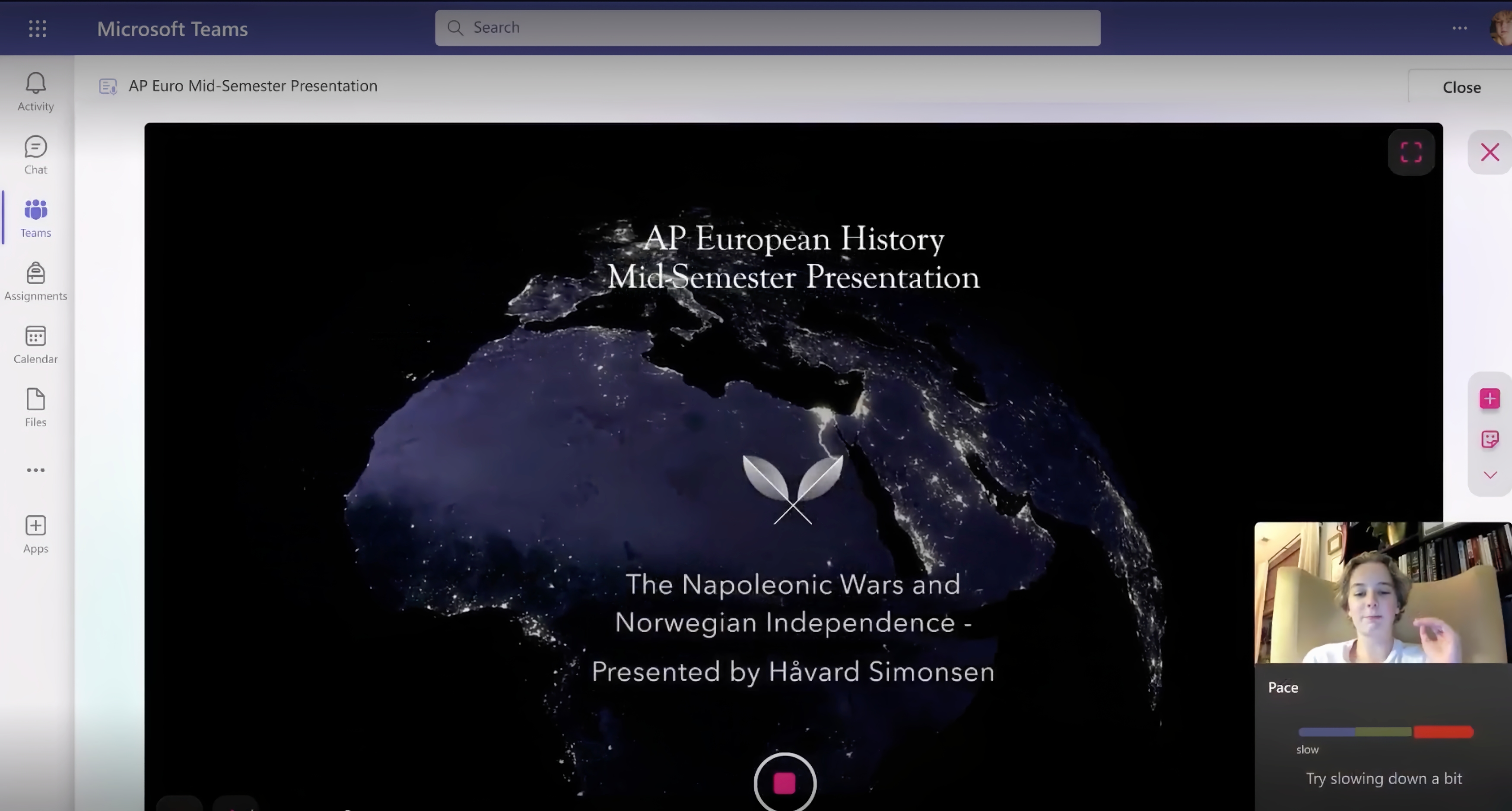 A screenshot from Microsoft Teams, with a student using the Speaker Coach feature to improve their speaking skills. A slide that says, “AP European History Mid-Semester Presentation” at center with a video bubble of the practicing student on the lower right." data-uuid="728953ee-09bb-3e93-ba02-d492e688610b