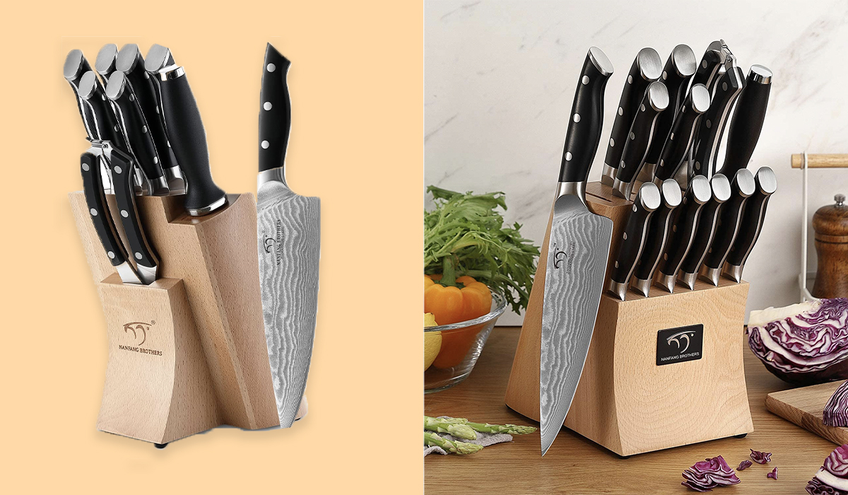 Nanfang Brothers Damascus Kitchen Knife Set w/ Ash Storage Block, 4 Pieces  