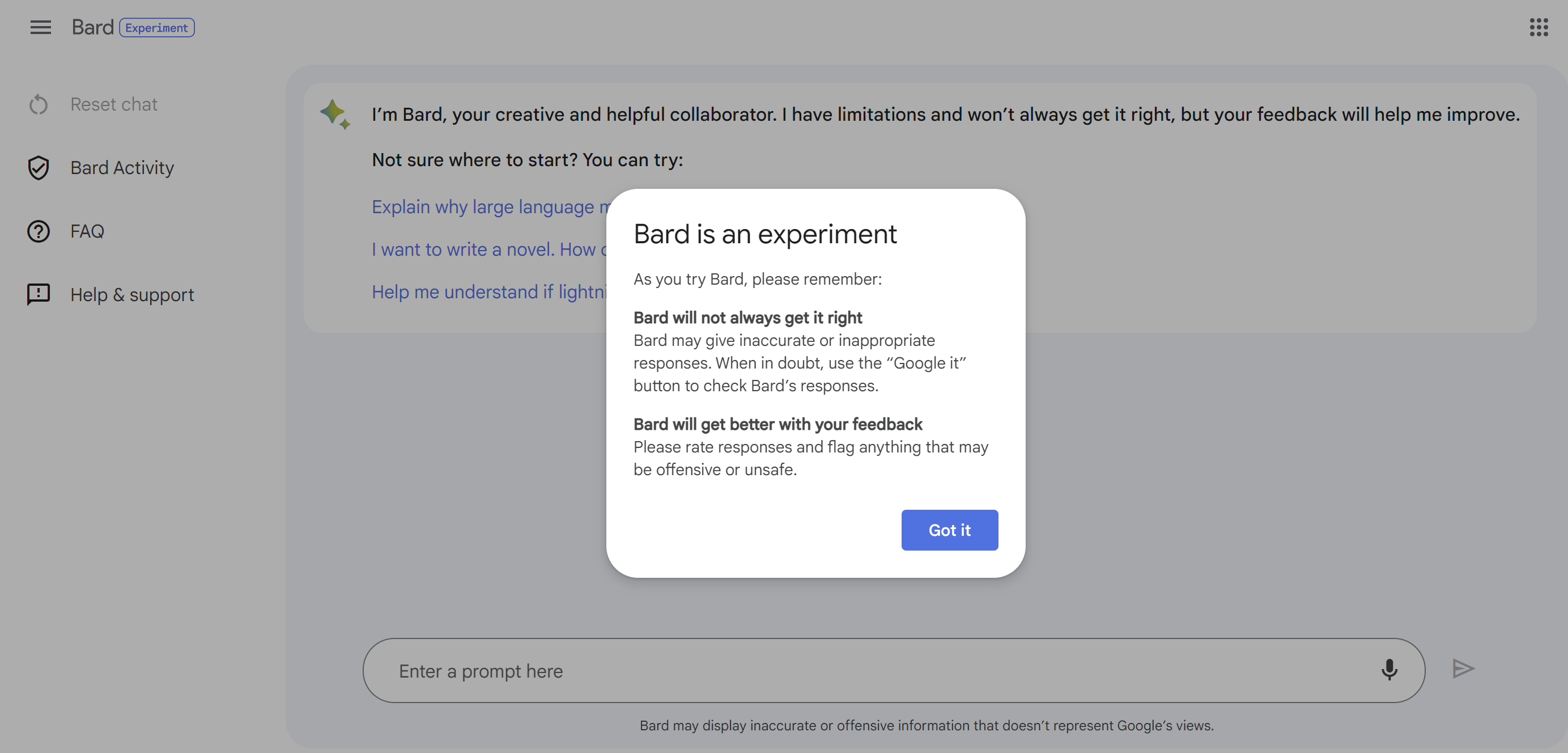 A screenshot showing Google's Bard AI chatbot, with a small window on top of the page saying 