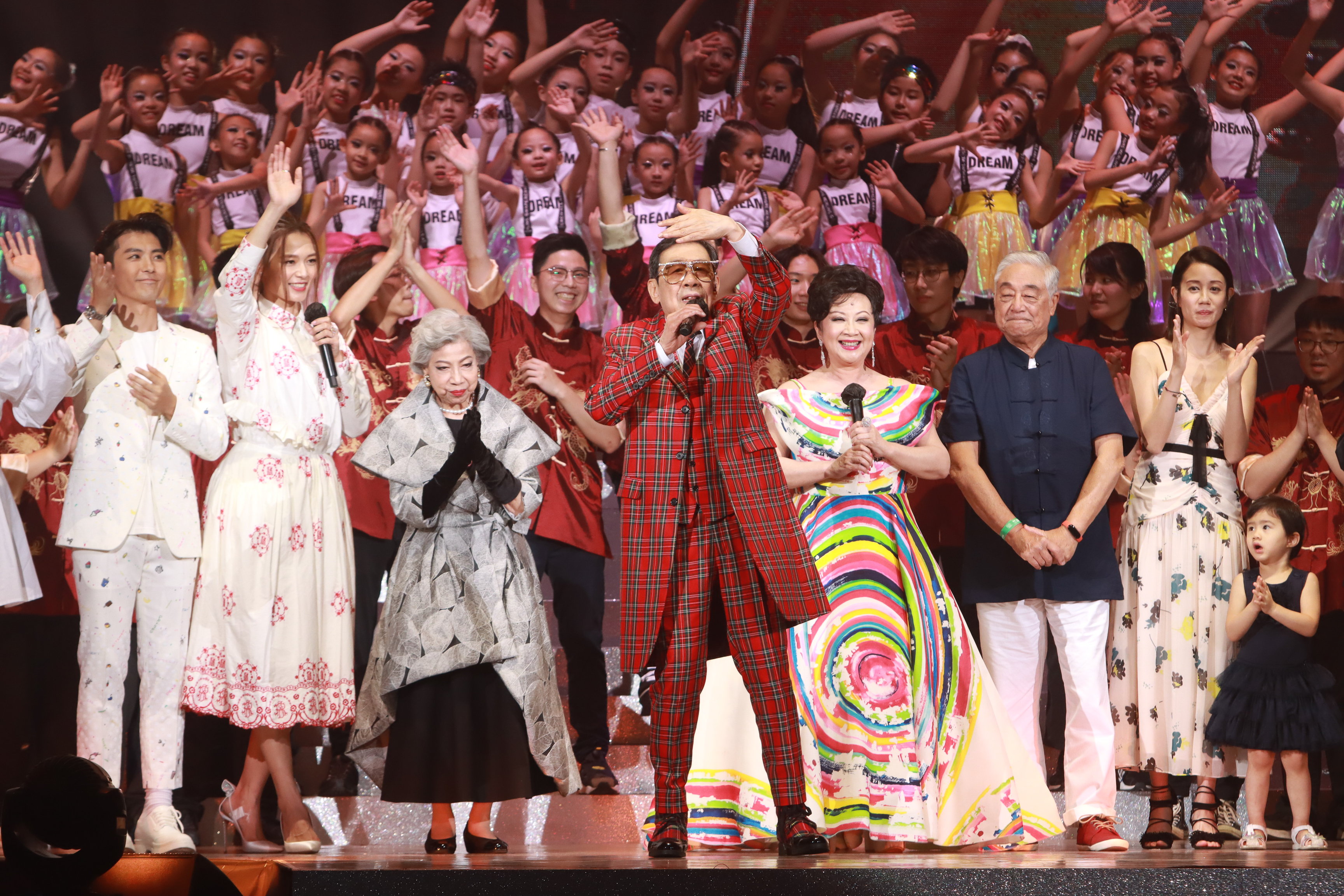 HONG KONG, CHINA - JUNE 19: Actress Law Lan, actor Bowie Wu (aka Bowie Woo Fung), actress Nancy Sit Ka Yin and actor Kenneth Tsang Kong perform during Bowie Wu's concert on June 19, 2021 in Hong Kong, China. (Photo by VCG/VCG via Getty Images)