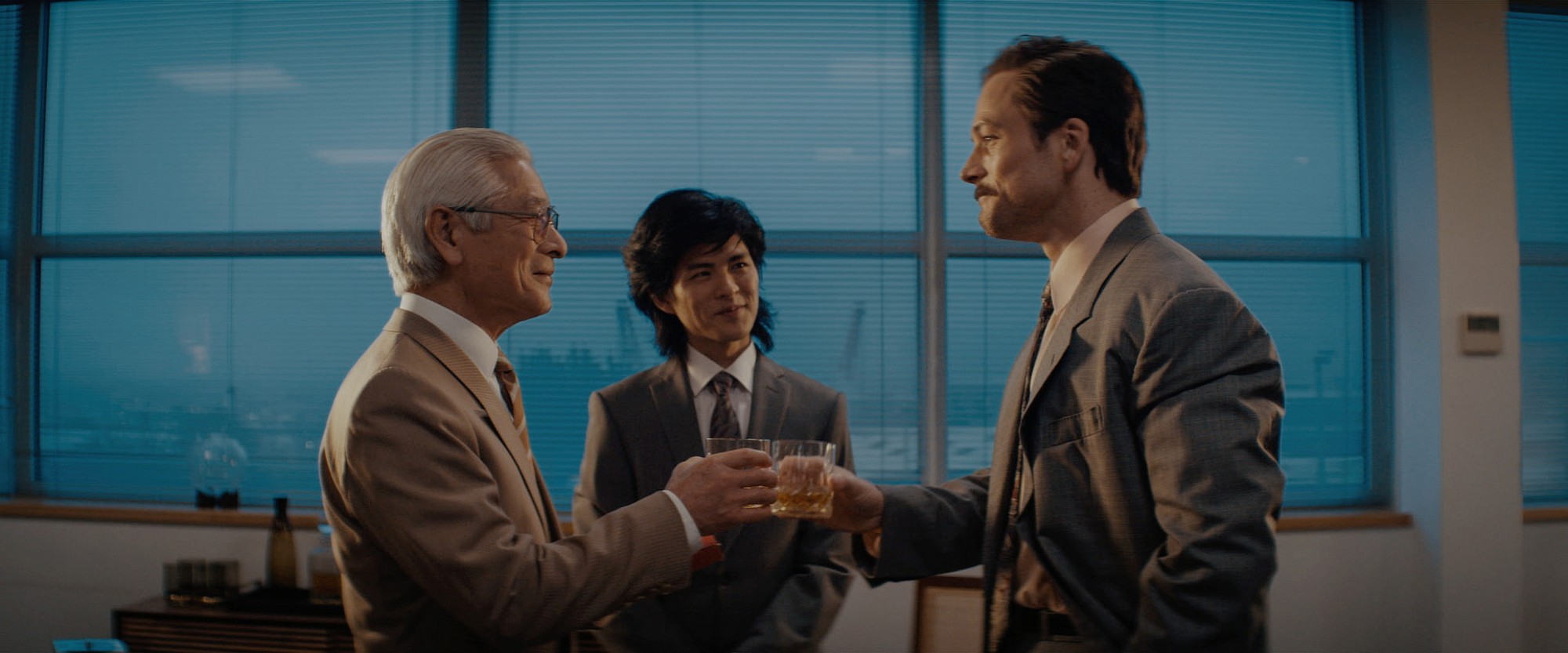 Togo Igawa, Nino Furuhata and Taron Egerton in Tetris.