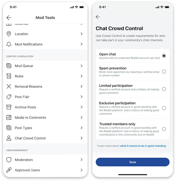 Mod controls for channel participation on Reddit. 