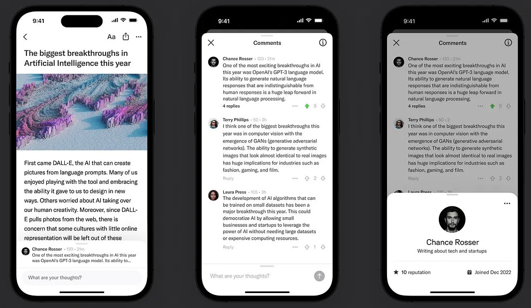 Screenshots of the news app Artifact showing the new comment and profile features.