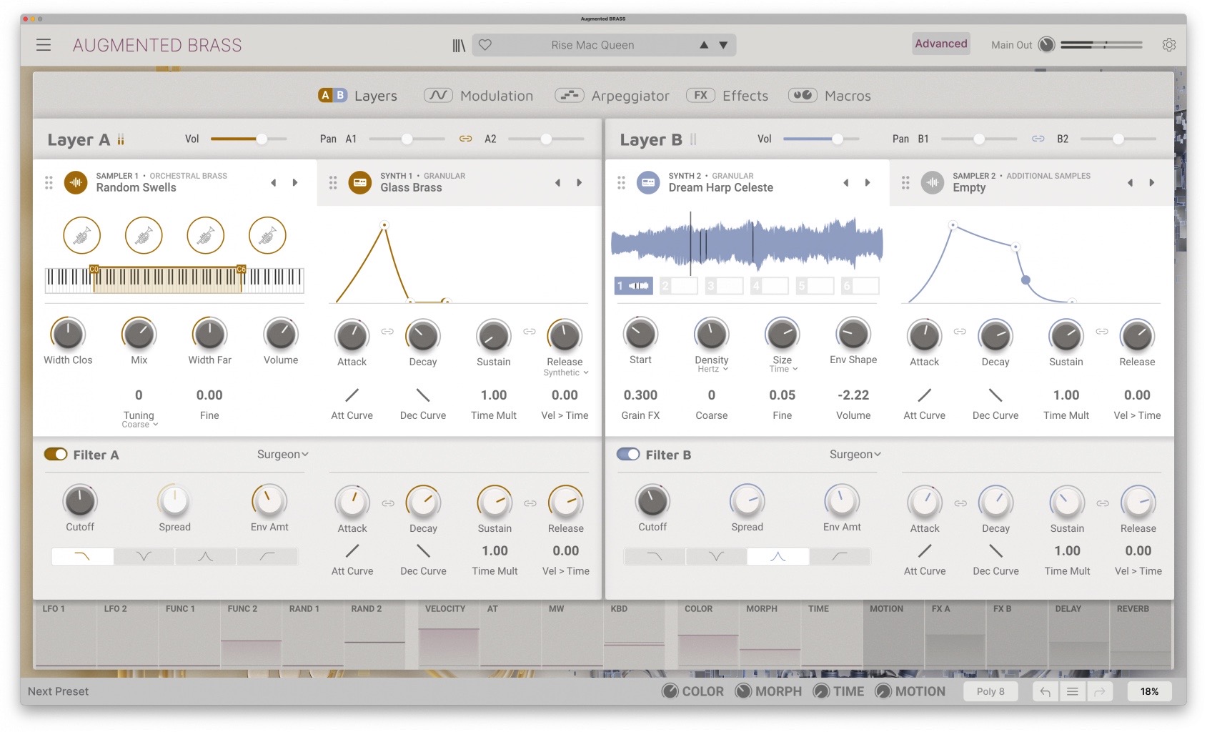 Arturia Augmented Brass' advanced sound design tab.