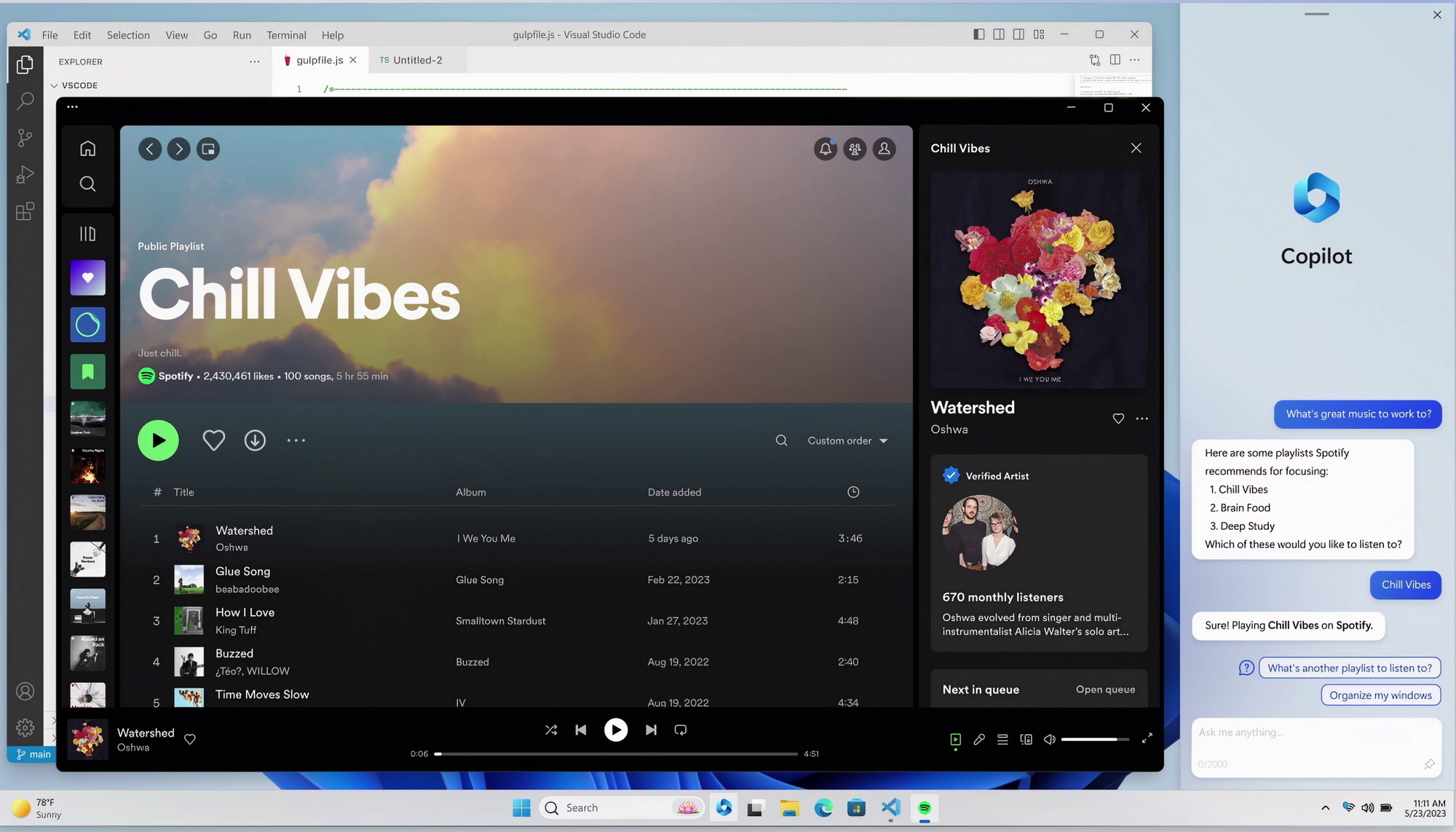 Windows Copilot choosing music in Spotify
