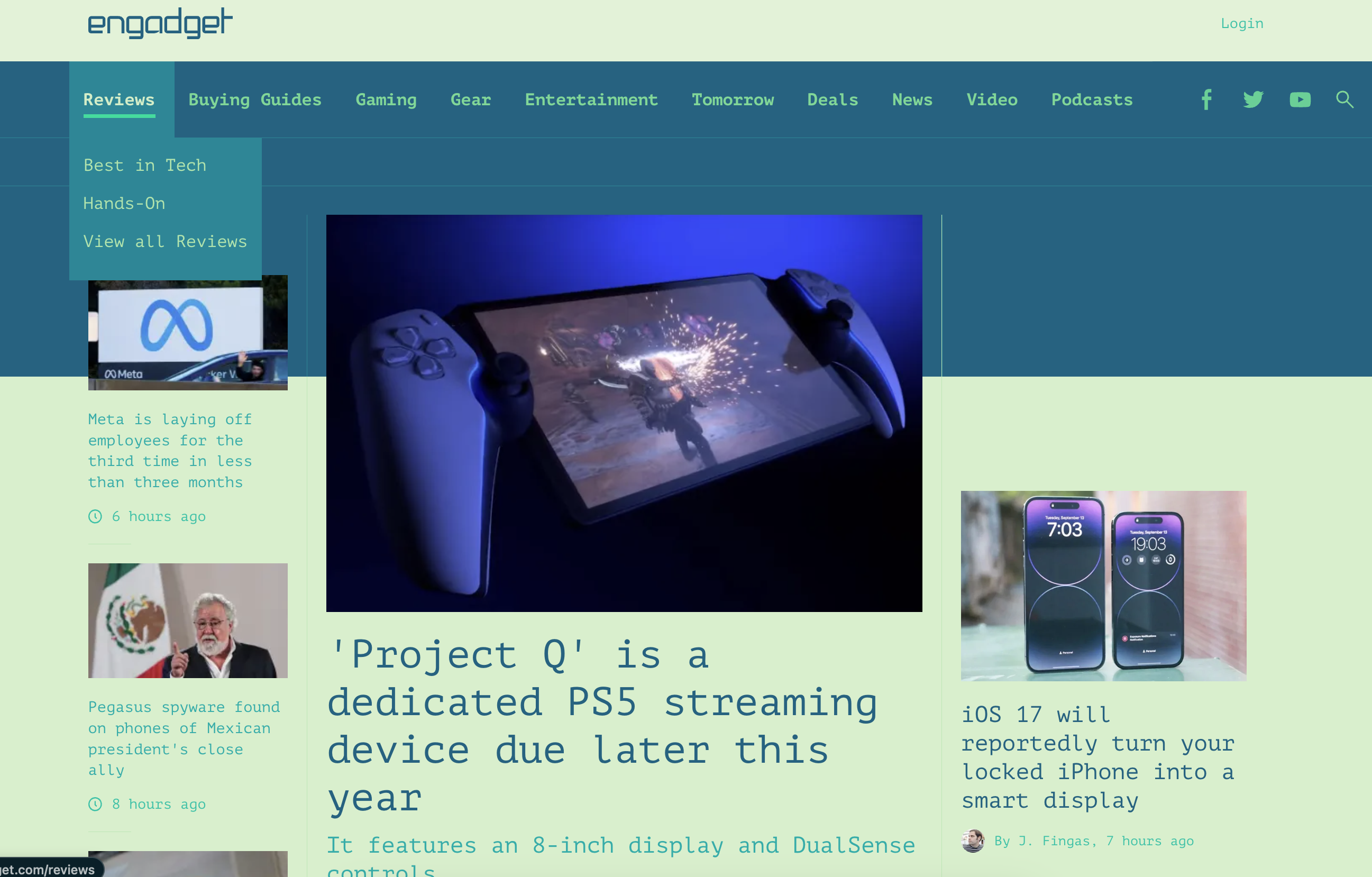 Engadget homepage with Arc browser