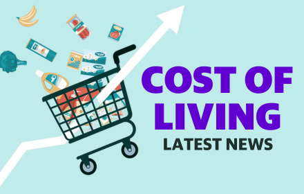 Image reads Cost of Living with image of shopping trolley with arrow smashing through it