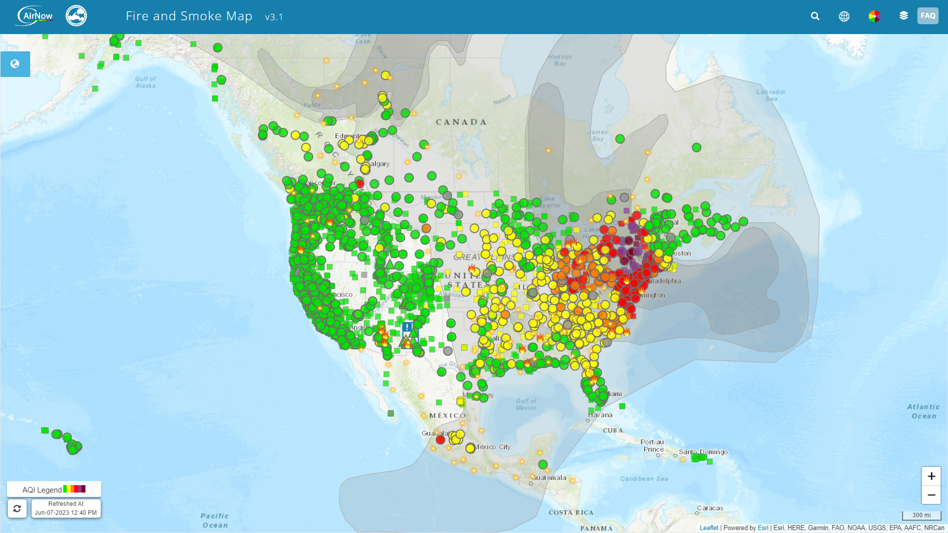 A screenshot of the EPA's AirNow Fire and Smoke map.