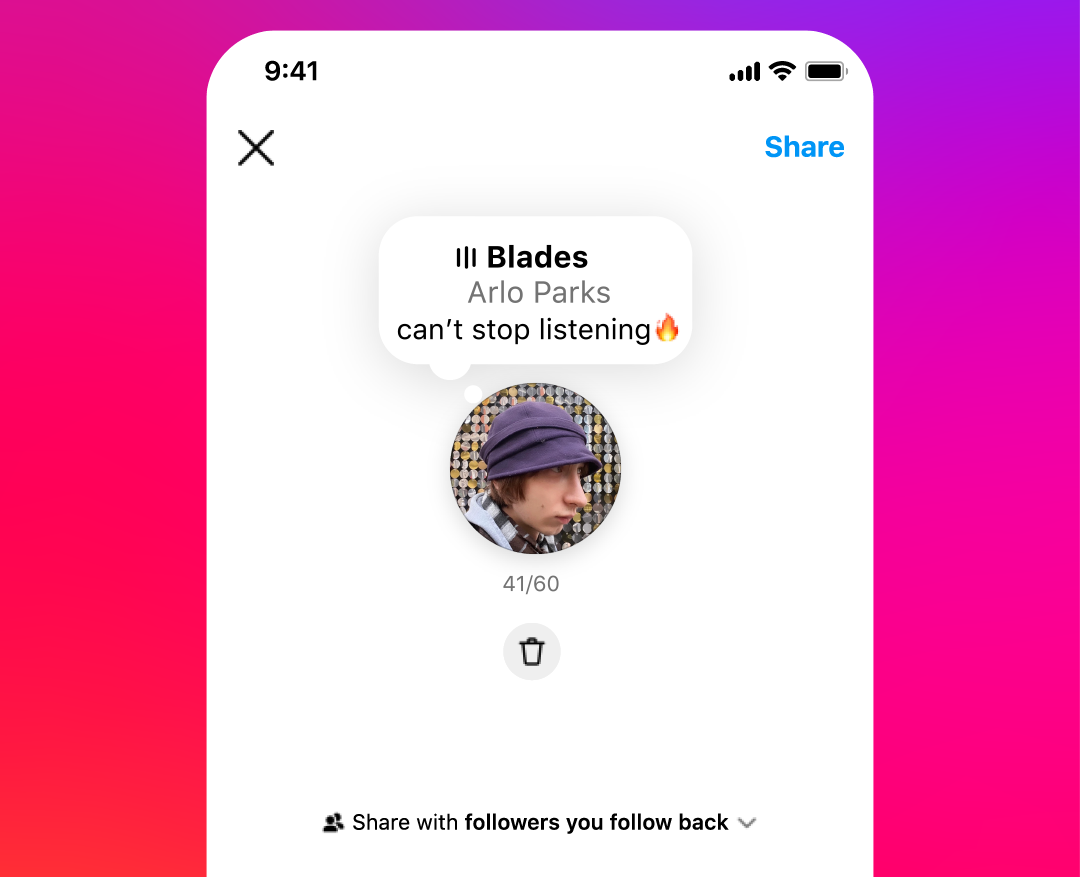 Screenshot of Instagram's Notes feature, which now includes the option to add a song clip.