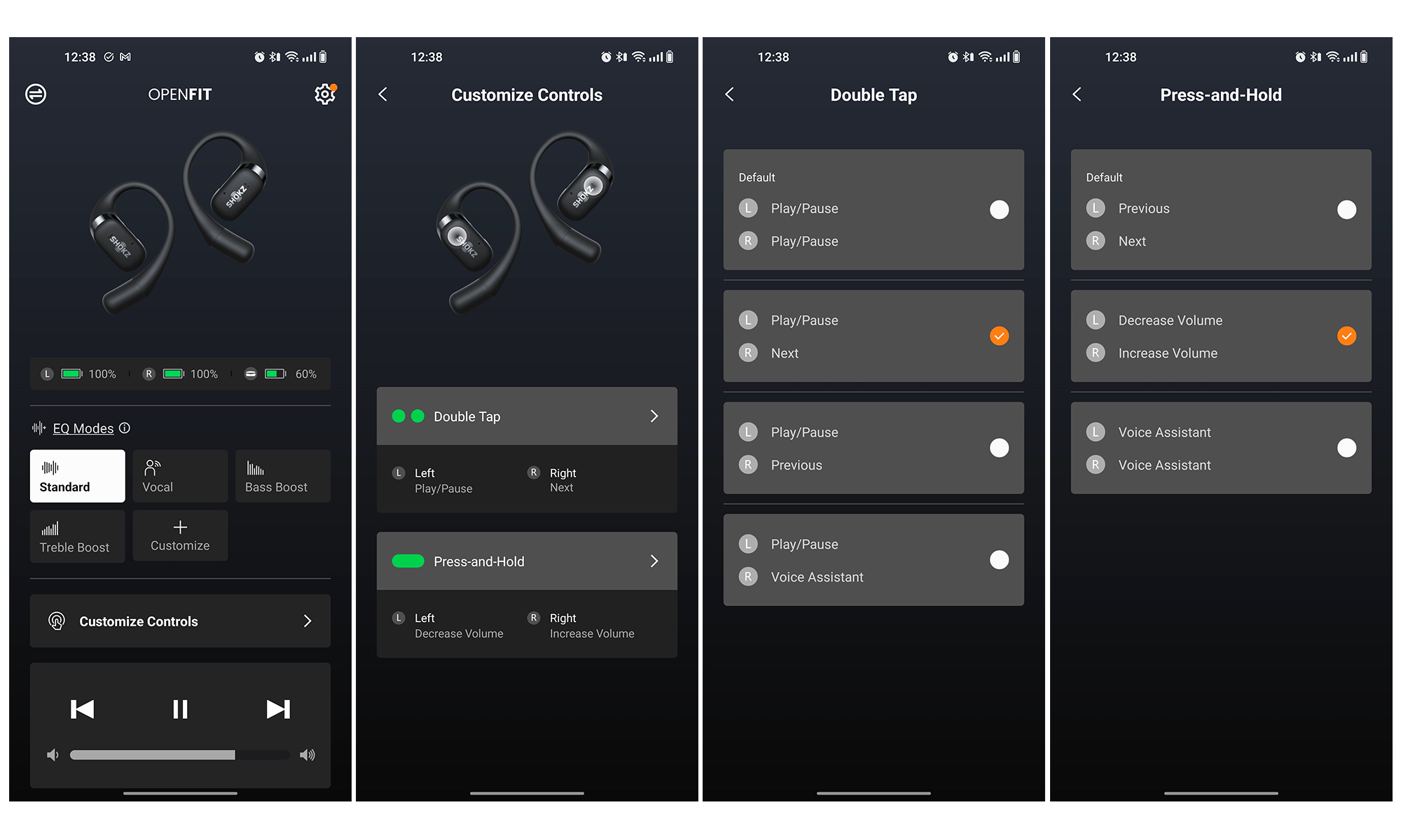 Screenshots of the Shokz OpenFit app settings menu.