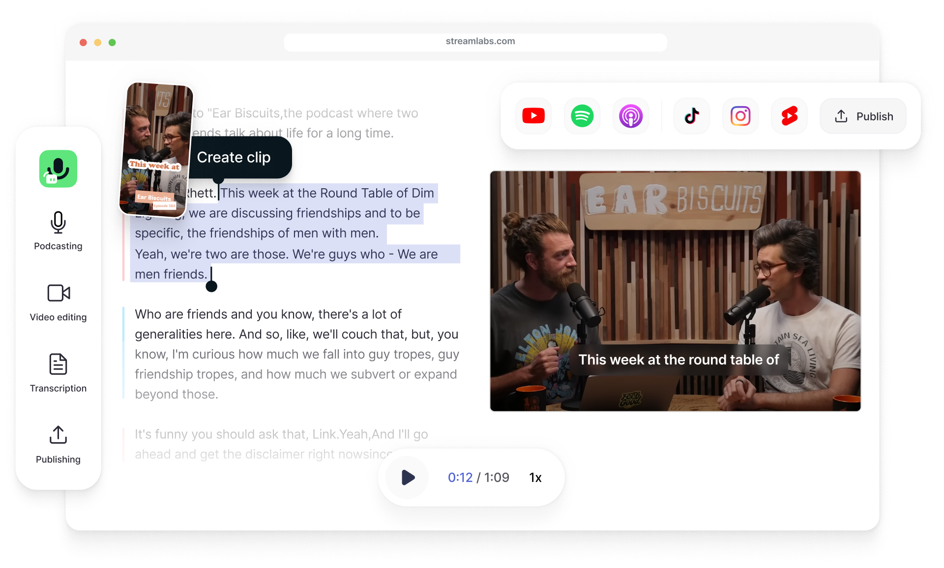 A screenshot showing Streamlabs' new Podcast Editor tool. On the left-hand side is highlighted text with a bubble that says 