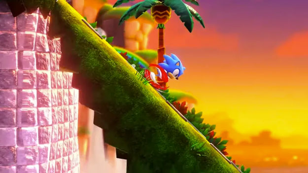 Screenshot from Sonic Superstars showing Sonic rolling down a sharp incline in the remastered Green Hill Zone.