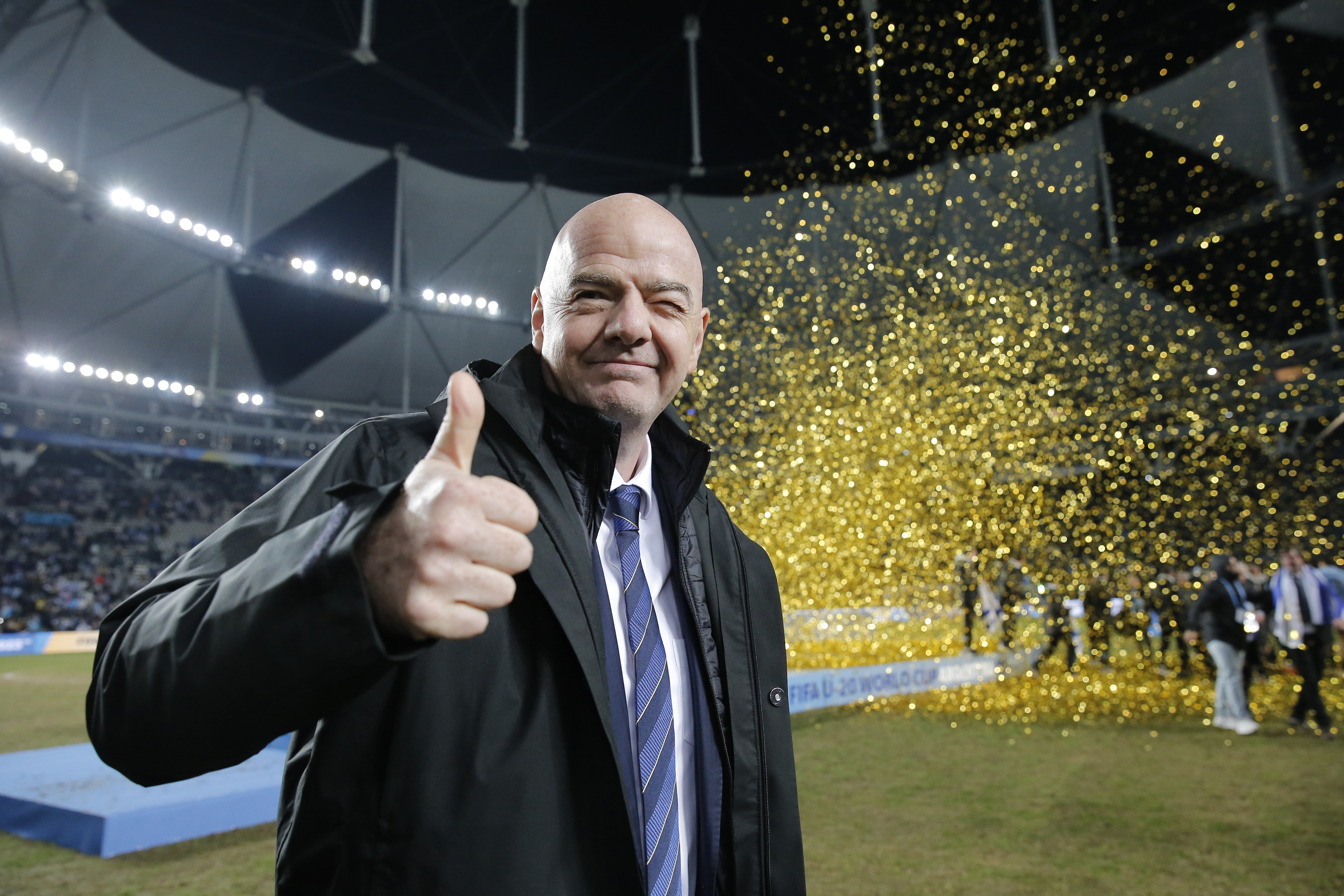 LA PLATA, ARGENTINA - JUNE 11: Gianni Infantino, President of FIFA celebrates the victory of Uruguay during the FIFA U-20 World Cup Argentina 2023 Final match between Italy and Uruguay at Estadio La Plata on June 11, 2023 in La Plata, Argentina. (Photo by Marcos Brindicci - FIFA/FIFA via Getty Images)