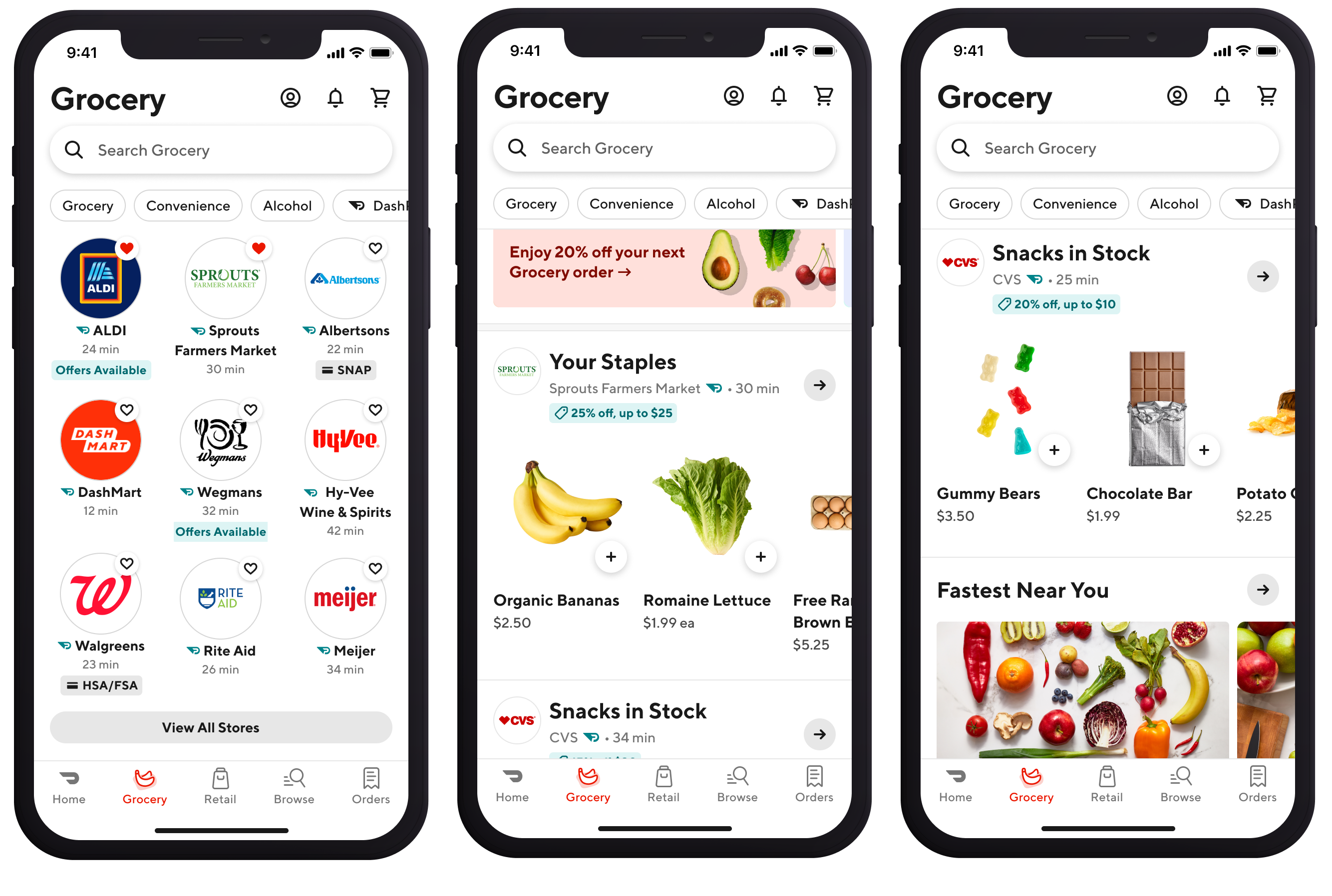Sceenshots of the grocery tab in the updated DoorDash app, showing users how they can order grocery items.