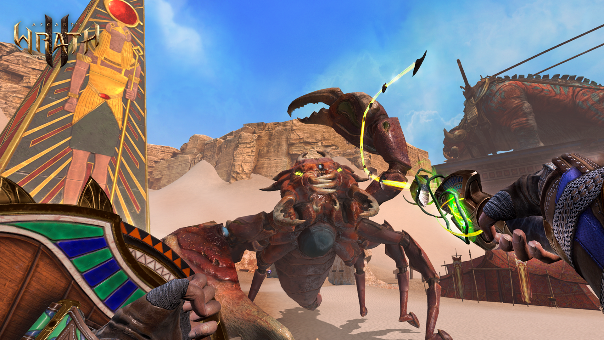 A screenshot of Asgard's Wrath 2 from a first-person perspective. The player character is shown holding a shield in one hand and lashing a whip with the other. In front of the player is a large, crab-like monster. To the left is a pillar with art depicting an ancient Egyptian figure.