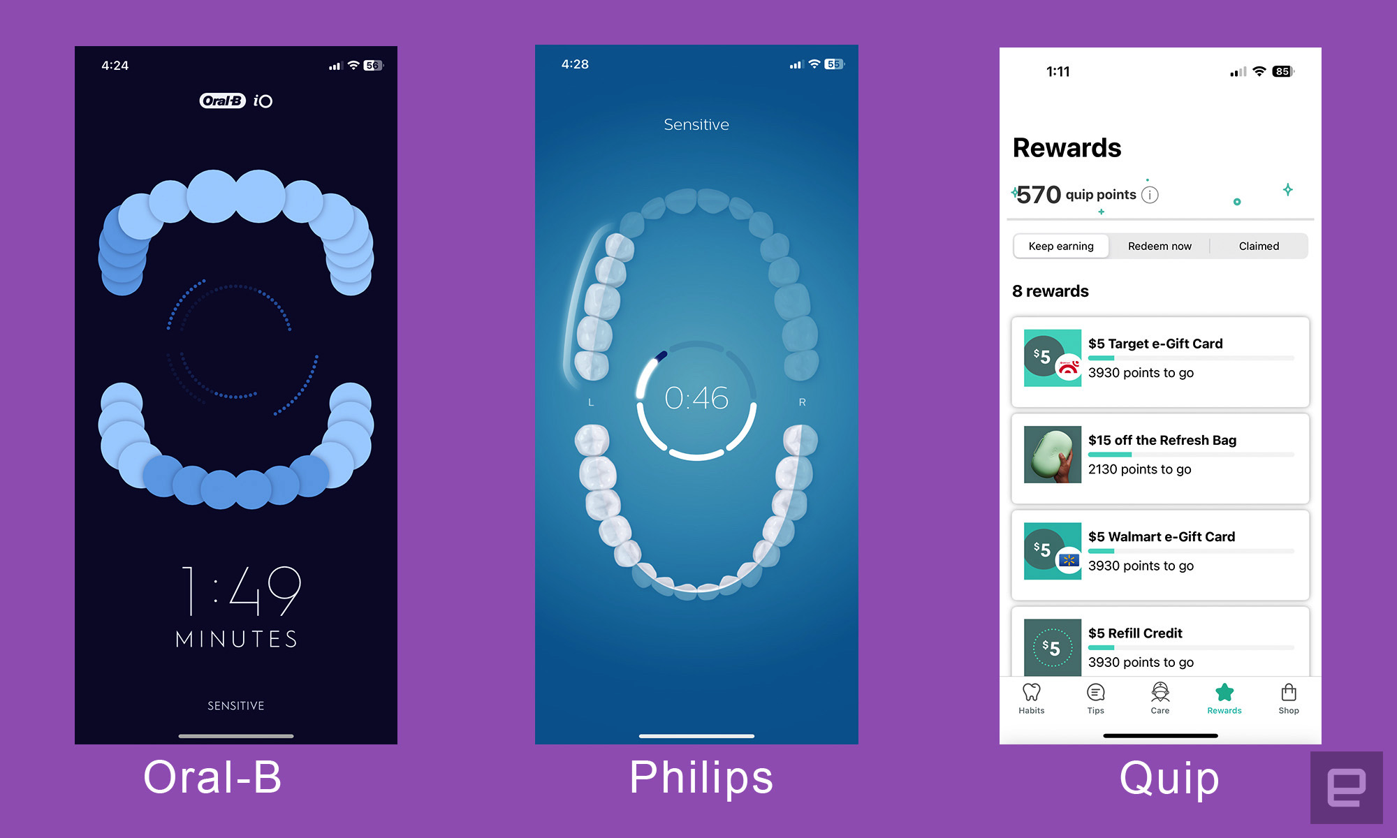 Three screenshots from the companion apps from Oral-B, Philips and Quip smart toothbrushes. The Oral-B and Philips app show a 3D model of teeth, while the Quip app offers gift card rewards for brushing. 