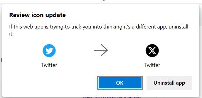 An alert from Microsoft Edge suggesting that the Twitter rebrand to X may be a scam.