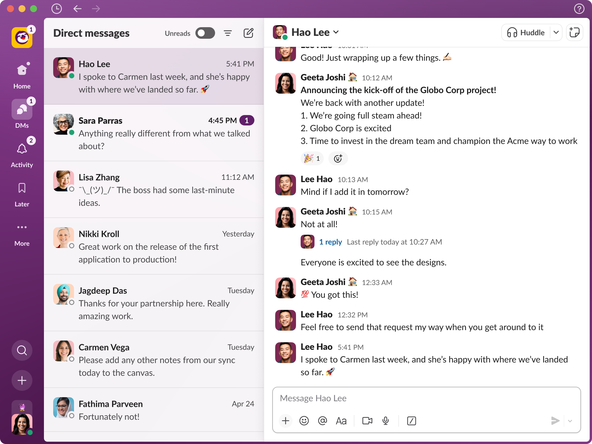 Slack screenshot showing the new‍ redesign and a direct messages feed