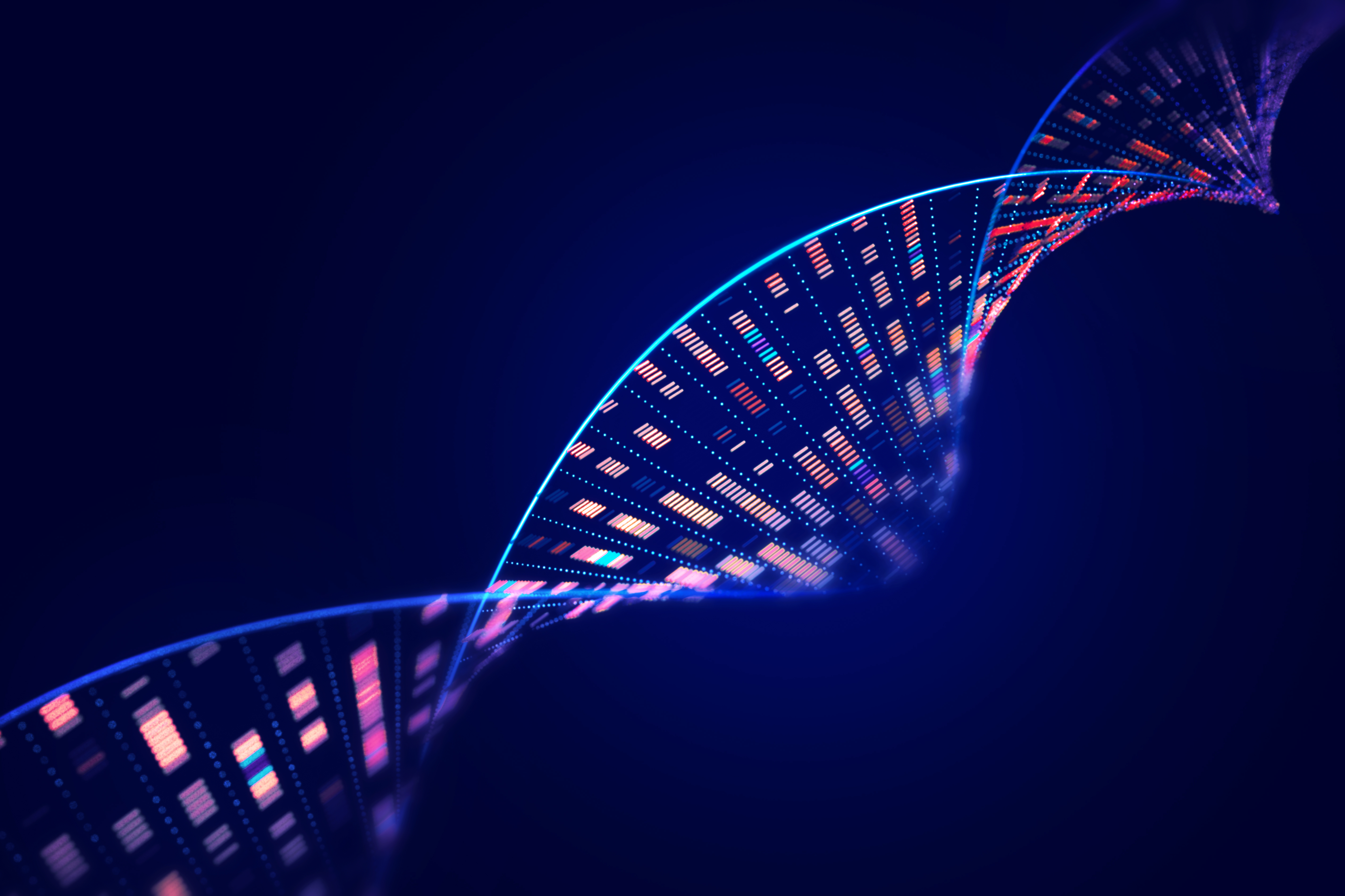 DNA molecular structure with sequencing data of human genome analysis on black background.