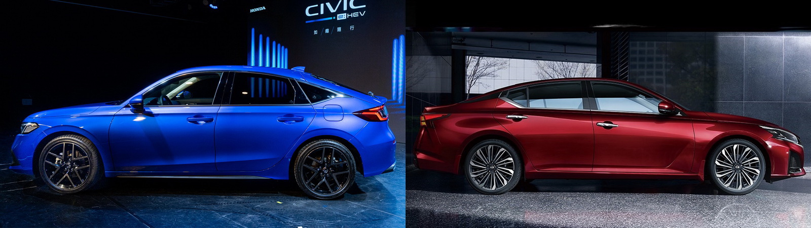 圖／一邊是兼顧舒適與運動的2023 Honda Civic e：HEV（左），一邊是接替Teana成為Nissan指標性房車的2023 Nissan Altima極致尊爵版，究竟該選哪一輛好呢？