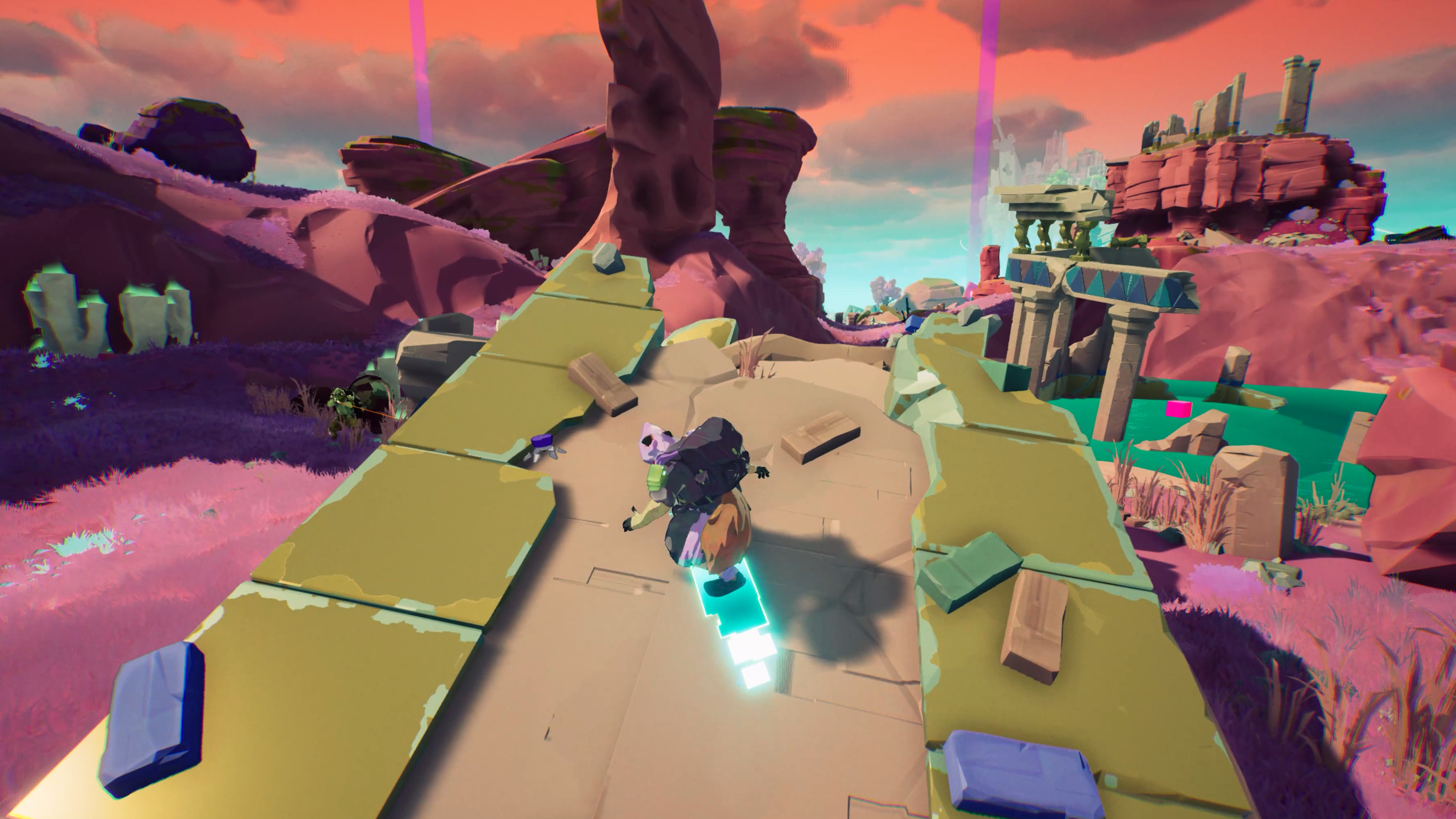 Werbefoto vom kommenden Spiel „Hyper Light Breaker“.  Ein Charakter surft einen zerstörten Teil eines Gebäudes hinunter und ist bereit, vom Ende zu springen.  Im Hintergrund sind Wüstengelände und Ruinen zu sehen.