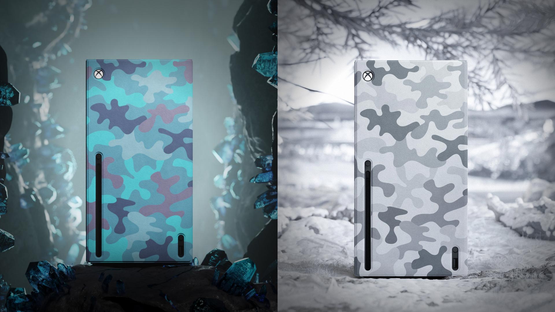 Xbox Series X camouflage wraps. Custom skins give the console blue and grey camo looks.