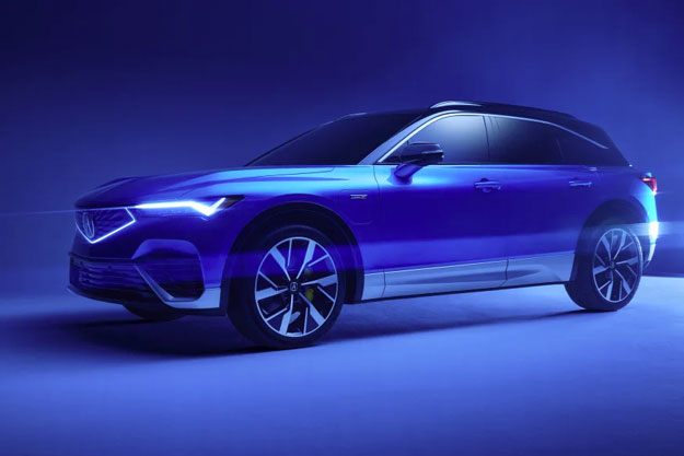 Promotionele afbeelding van een blauwe Acura ZDX EV in een blauwe omgeving verlicht met uitsluitend blauw licht.