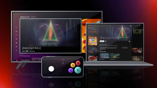 Promotional image of Netflix games showing Oxenfree playing on a TV and Laptop