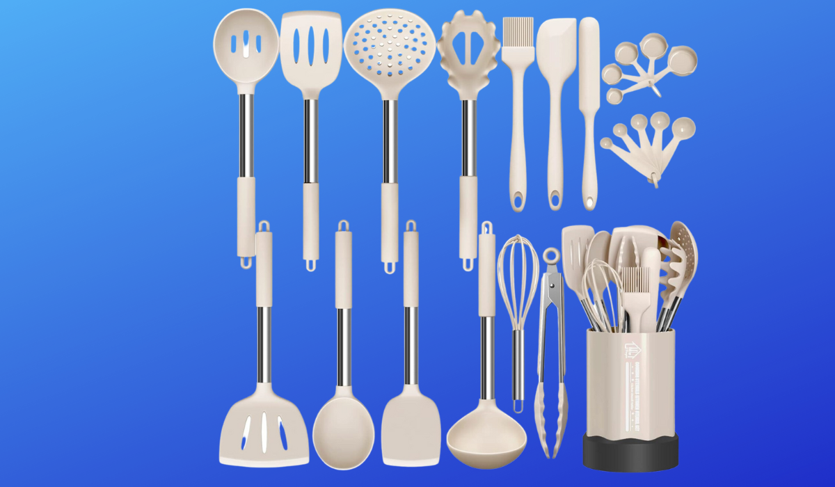 K & G Silicone Cooking Utensils Set 11 Pcs Red Kitchen Utensils Set with Holder, Spatula, Whisk, Tongs, Soup Ladle, Silicone Spoon & More. Non-Stick