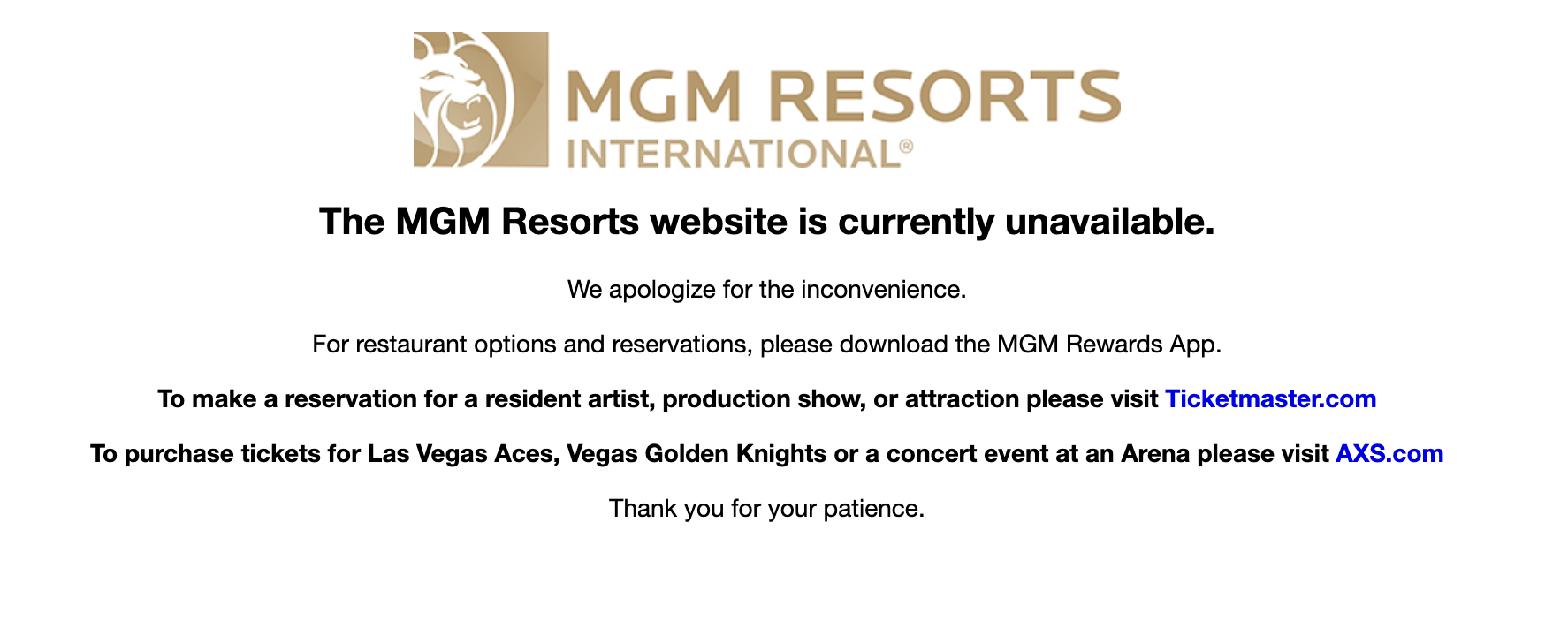 The MGM Resorts homepage on Wednesday morning still says that the website is unavailable. 