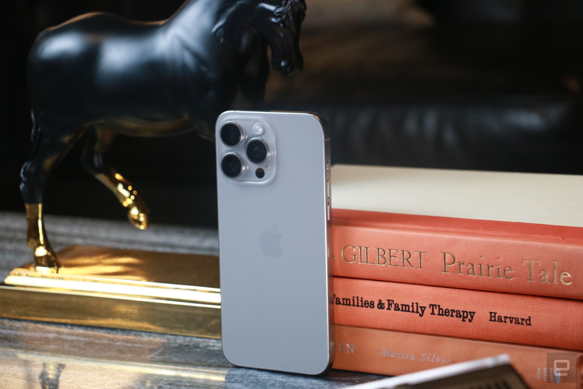 The natural titanium iPhone 15 Pro Max leaning against a short stack of orange books, with its rear cameras facing out. 