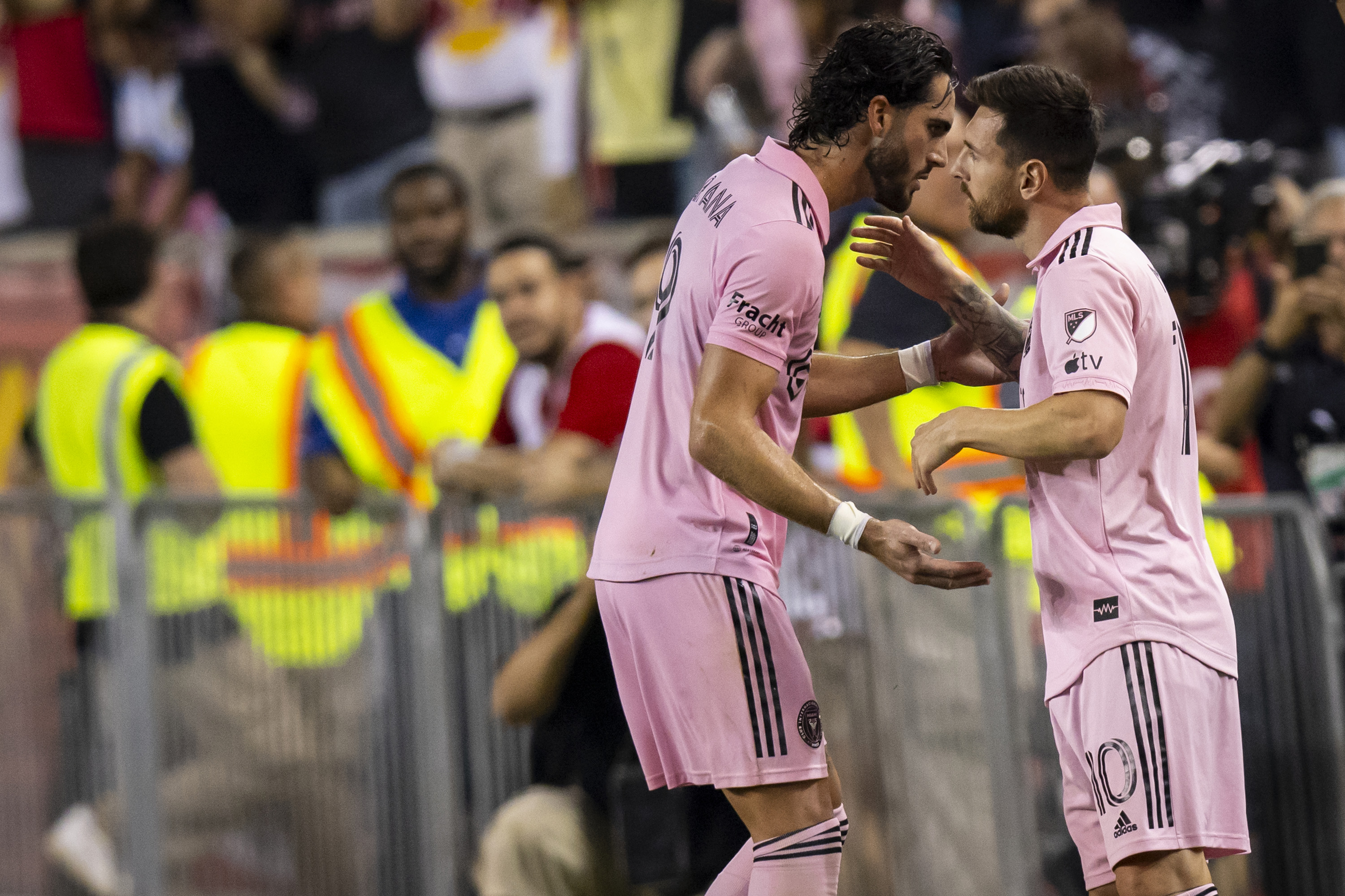 HARRISON, NEW JERSEY - AUGUST 26: Lionel Messi #10 of Inter Miami hugs Leonardo Campana #9 of Inter Miami as he is subbed in during the second half of the Major League Soccer match against the New York Red Bulls at Red Bull Arena on August 26, 2023 in Harrison, New Jersey. (Photo by Ira L. Black - Corbis/Getty Images)