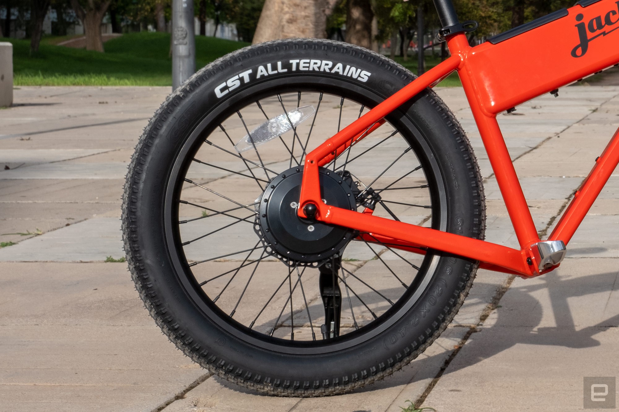 A close up of the rear fat-tire of the Jackrabbit e-bike.