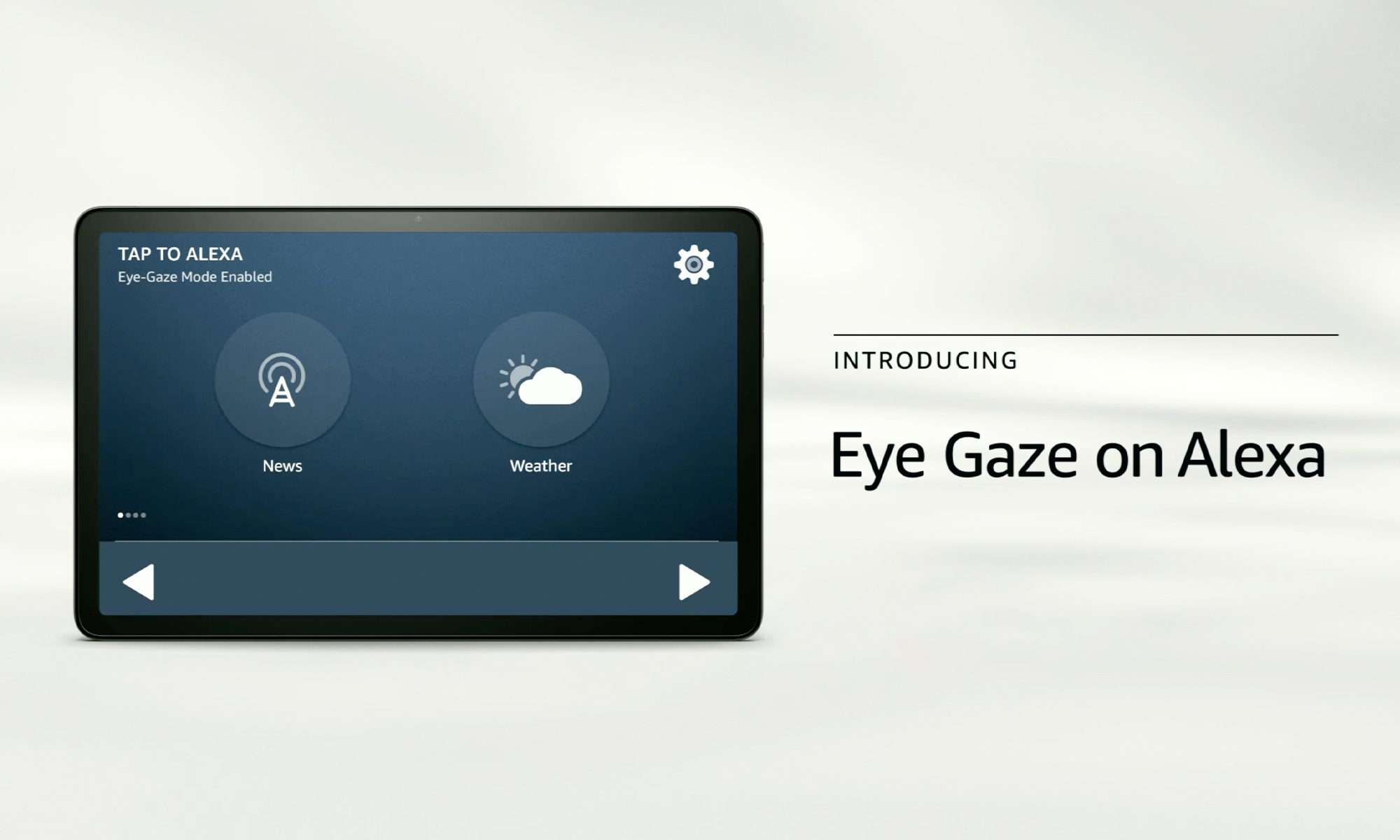 Product photo of an Amazon smart speaker showcasing its Eye Gaze feature. The screen says 