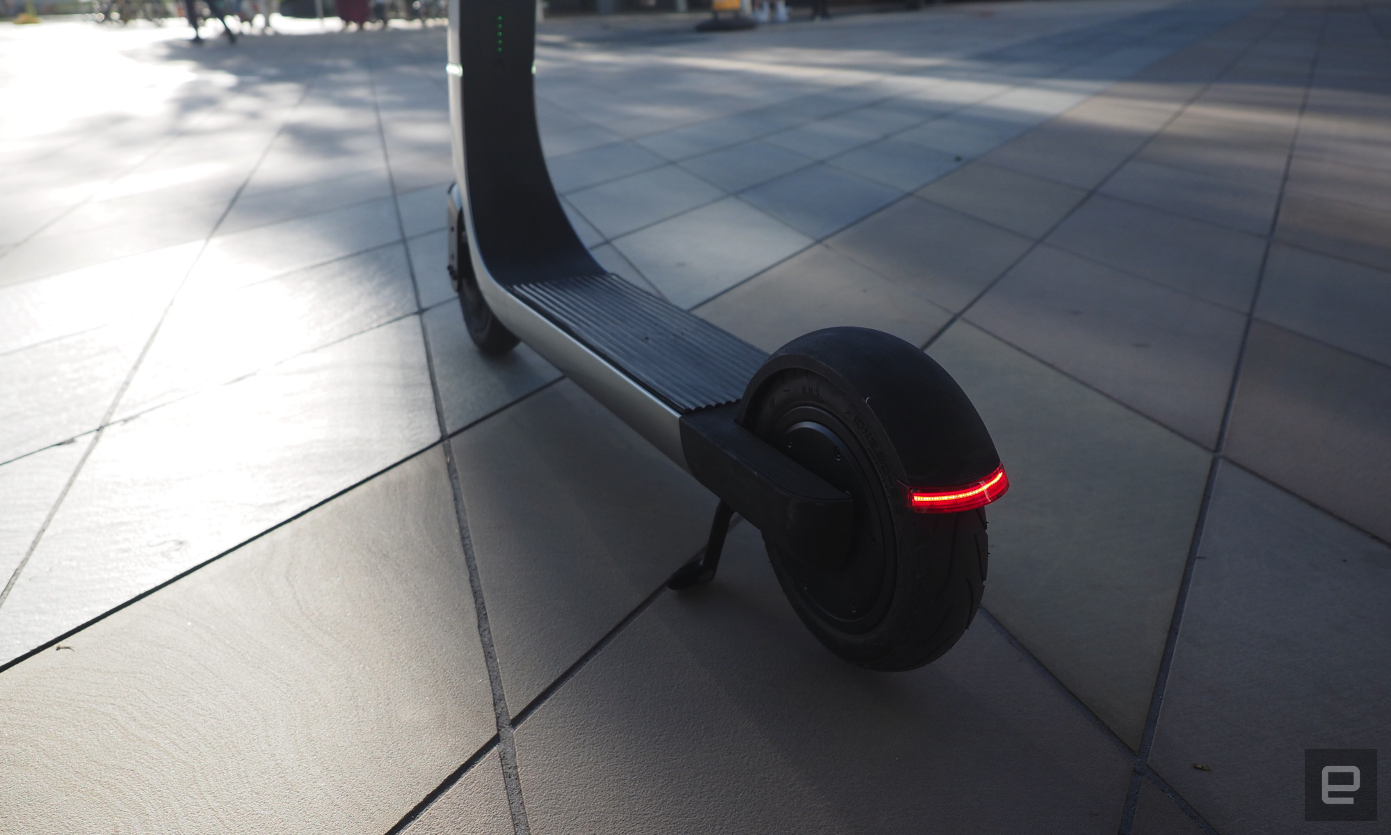 Image of the rear wheel and deck of the Bo M, taken in London's Olympic Park.