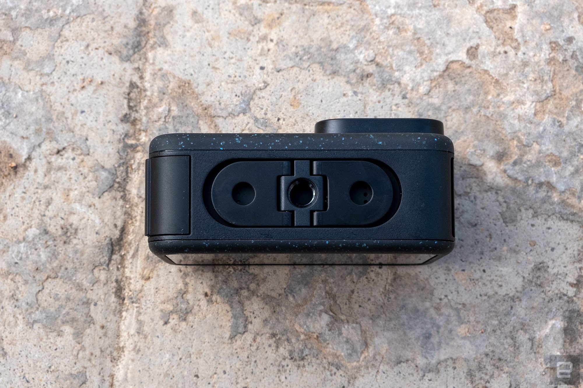 The underside of the new GoPro Hero 12 Black shows the new built-in tripod mount.