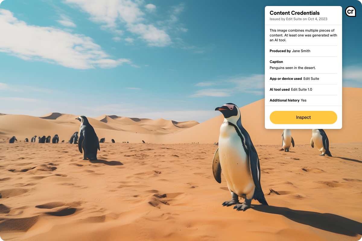 AI generated image of penguins in a desert with Content Credentials information window open in upper right corner