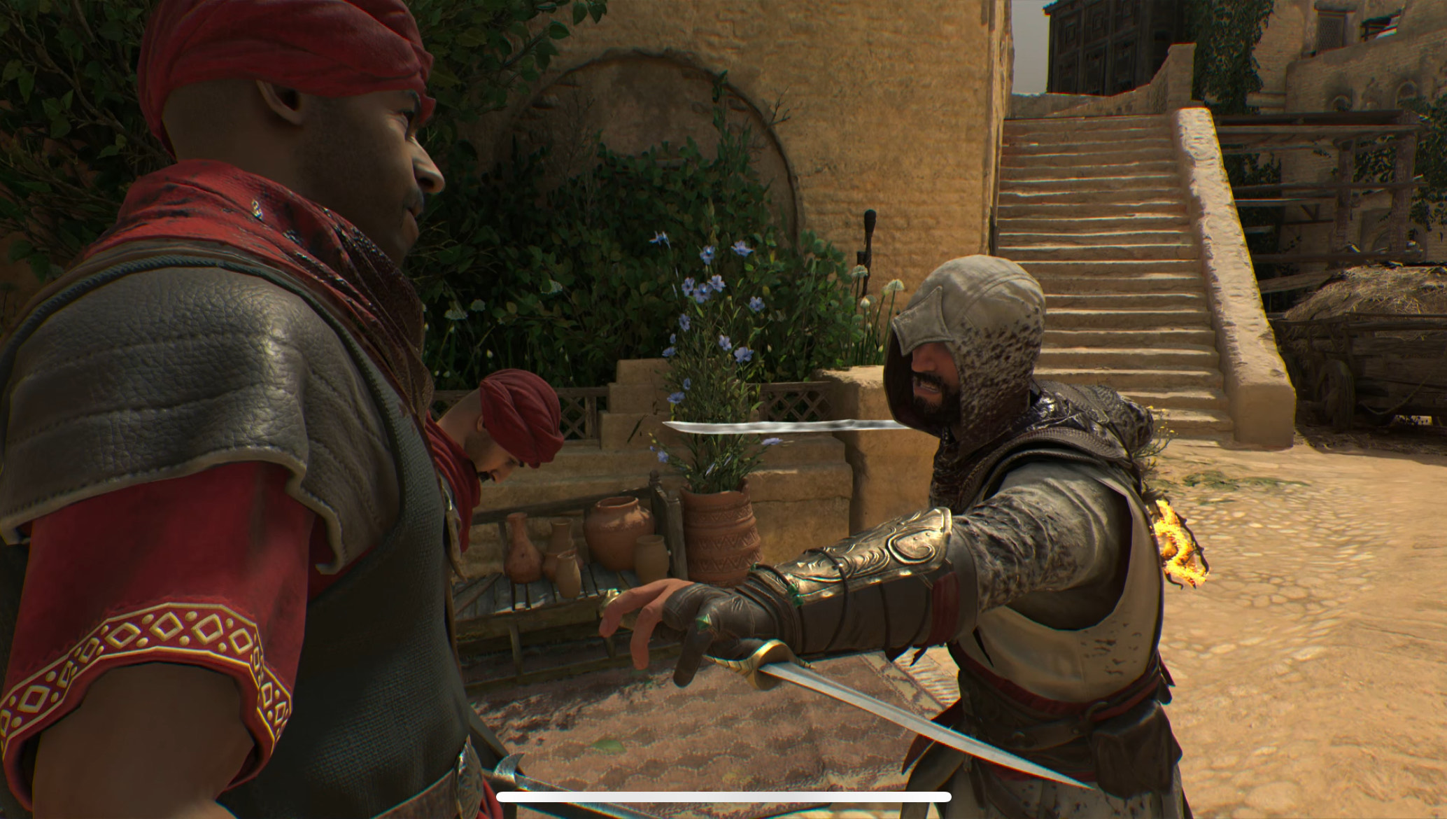 A hooded figure prepares to drive his sword through an enemy in Assassin's Creed Mirage.