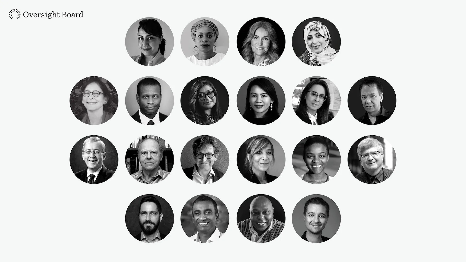 Collage of headshots for members of Meta’s oversight board. A series of circular images shows black & white headshots for each of the 20 members.