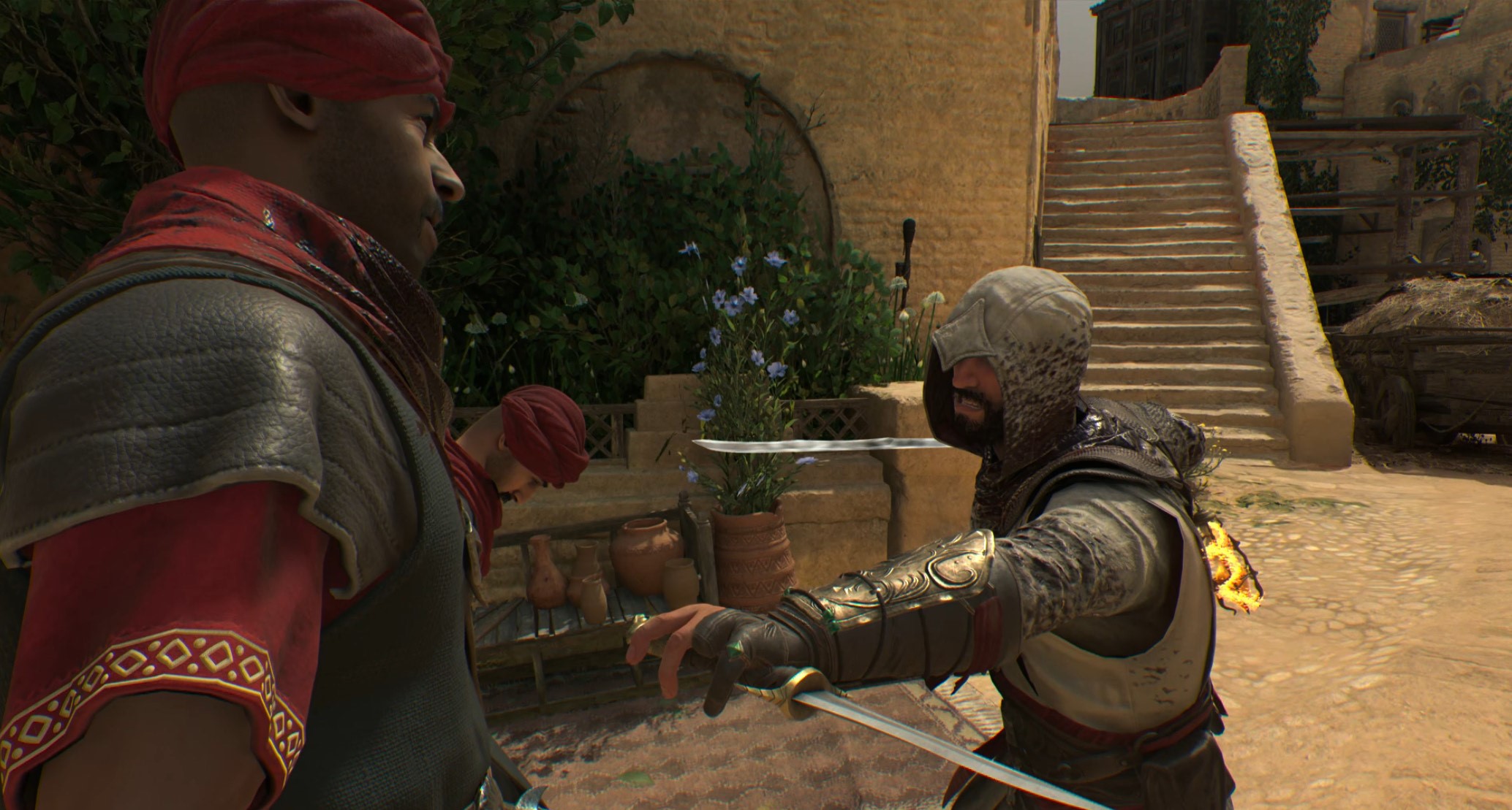 A hooded figure prepares to drive his sword through an enemy in Assassin's Creed Mirage.