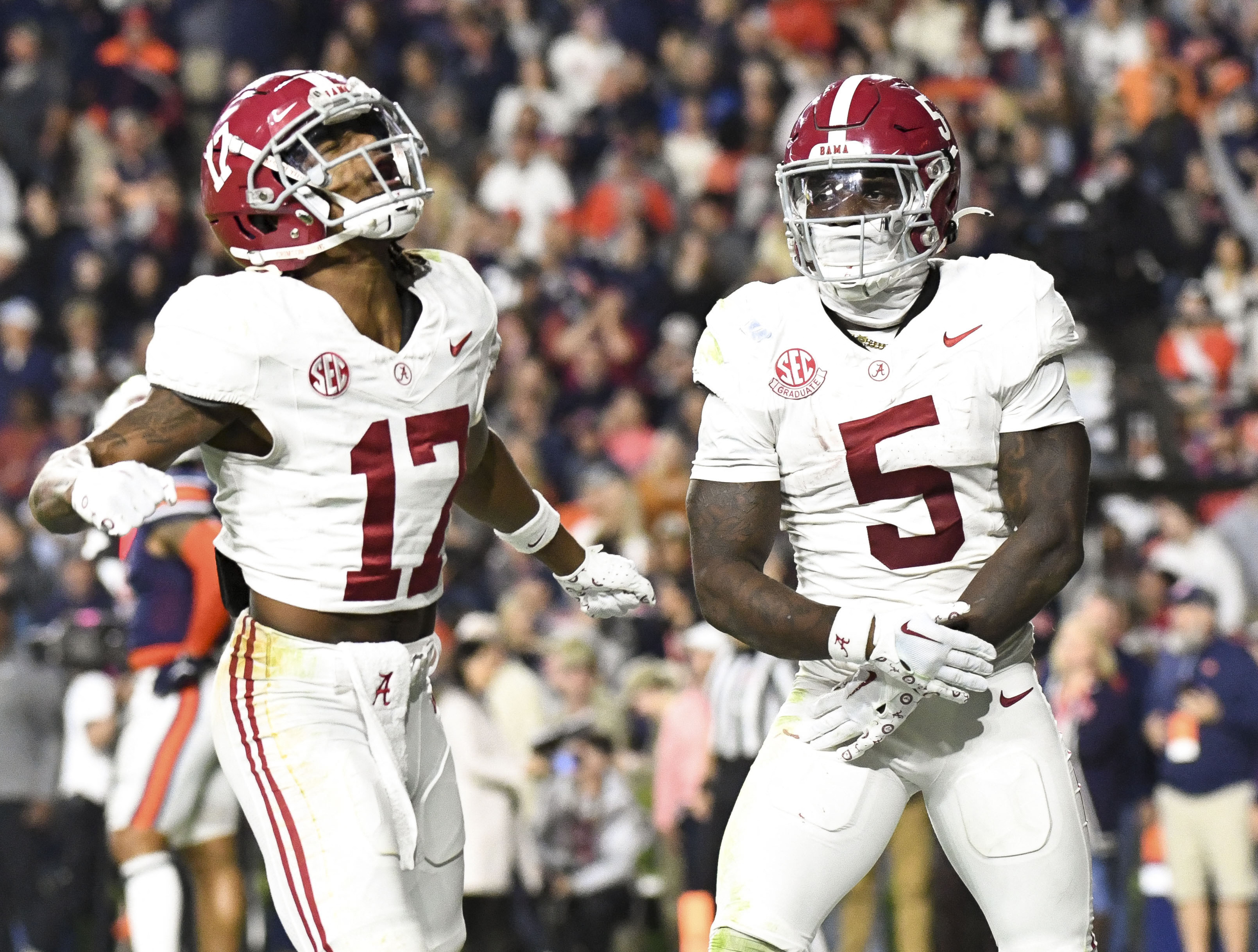 Alabama's Isaiah Bond (left) celebrates with Roydell Williams after catching the game-winning touchdown pass on Saturday. (Gary Cosby Jr.-USA TODAY Sports)