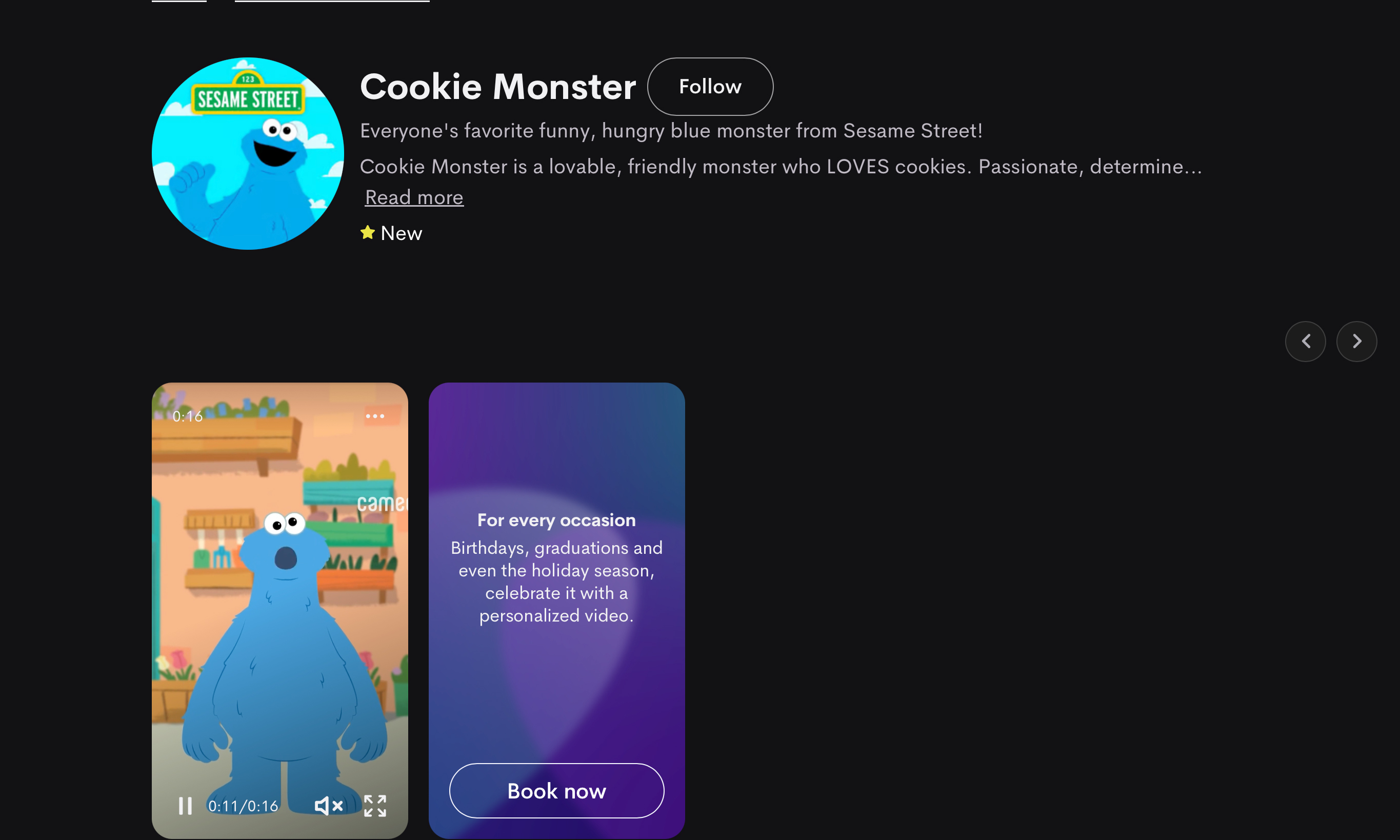 Screenshot of the product page for Cookie Monster (AI-powered) greetings on Cameo.