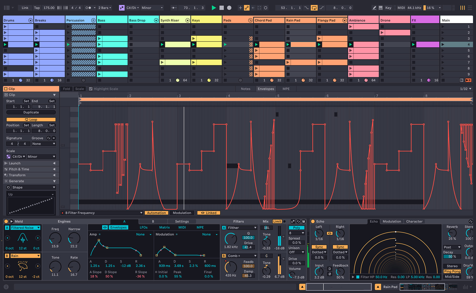 A screenshot of Ableton Live 12 showing the new Meld synthesizer.
