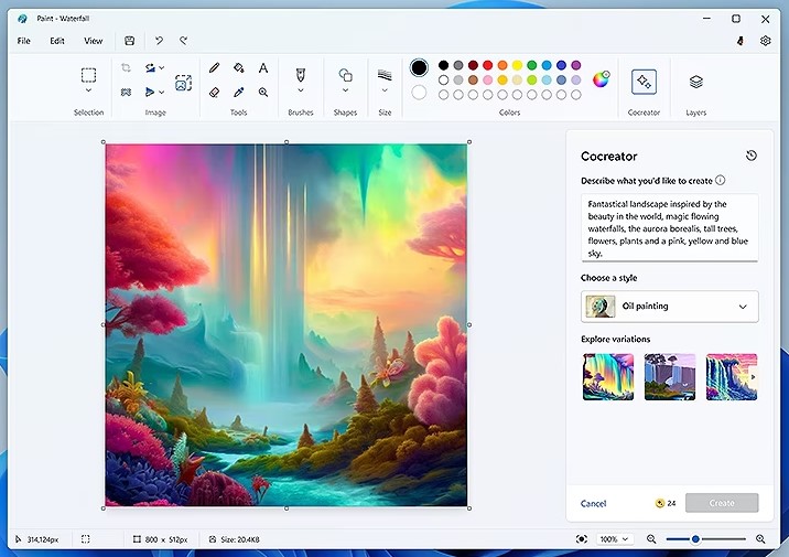 A screenshot of the Paint app in Windows 11, showing the Cocreator generative AI tool.