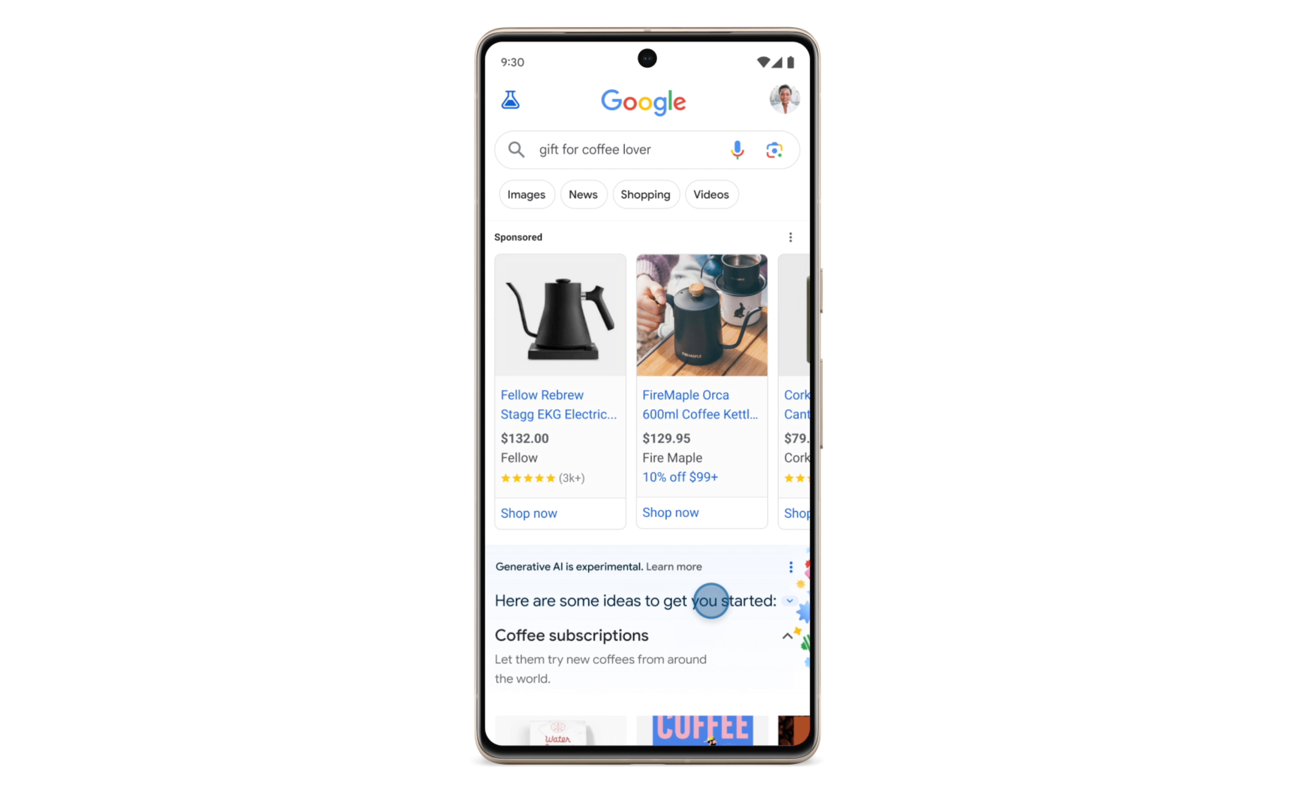 Image on a phone displaying generative AI searches for gift ideas in the Google app. The search query says 