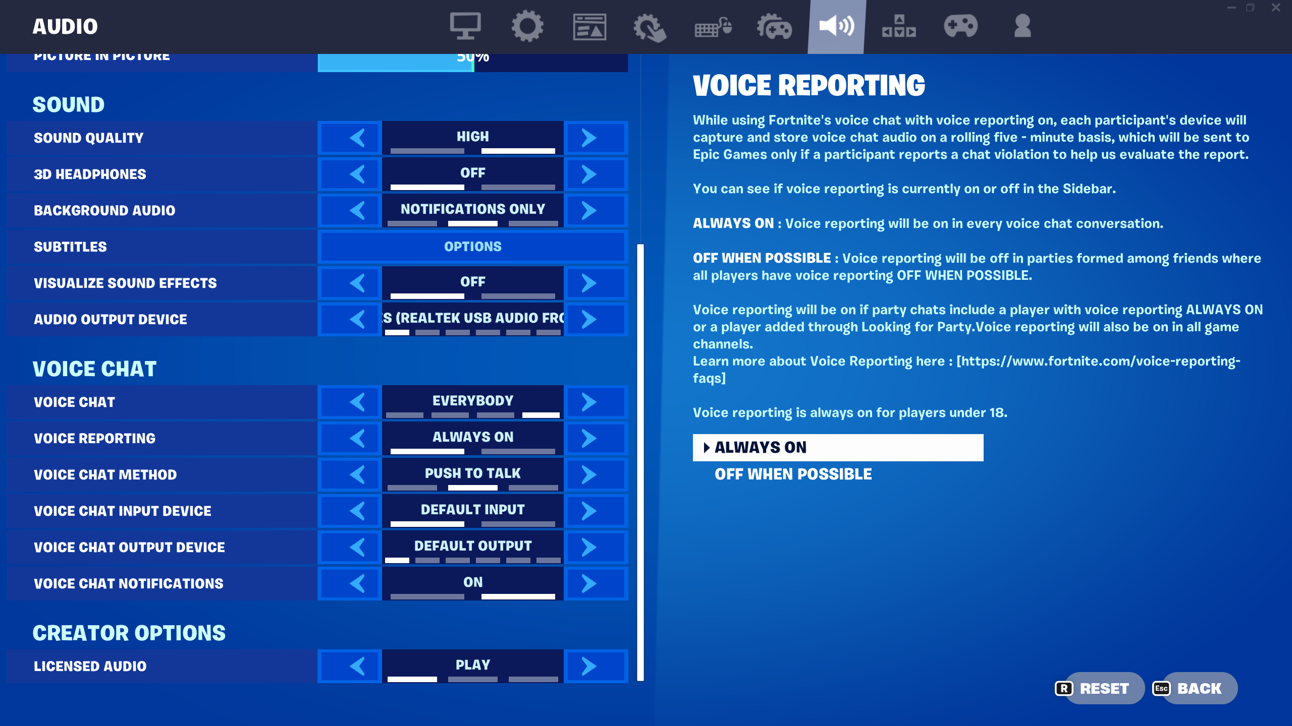 The settings menu in Fortnite showing Voice Reporting preferences