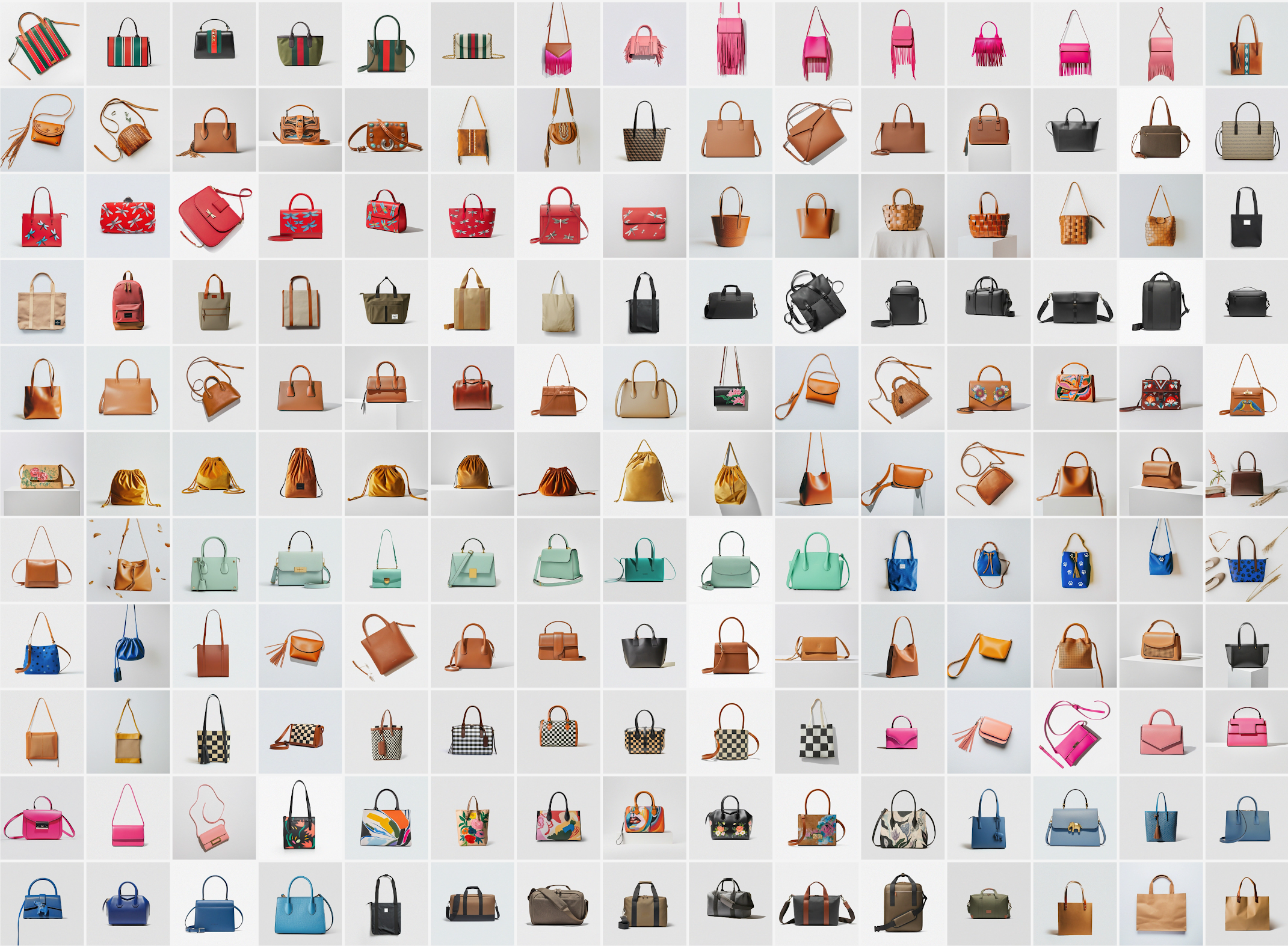 A 15 x 11 grid shows 165 AI-generated handbags based on user prompts.