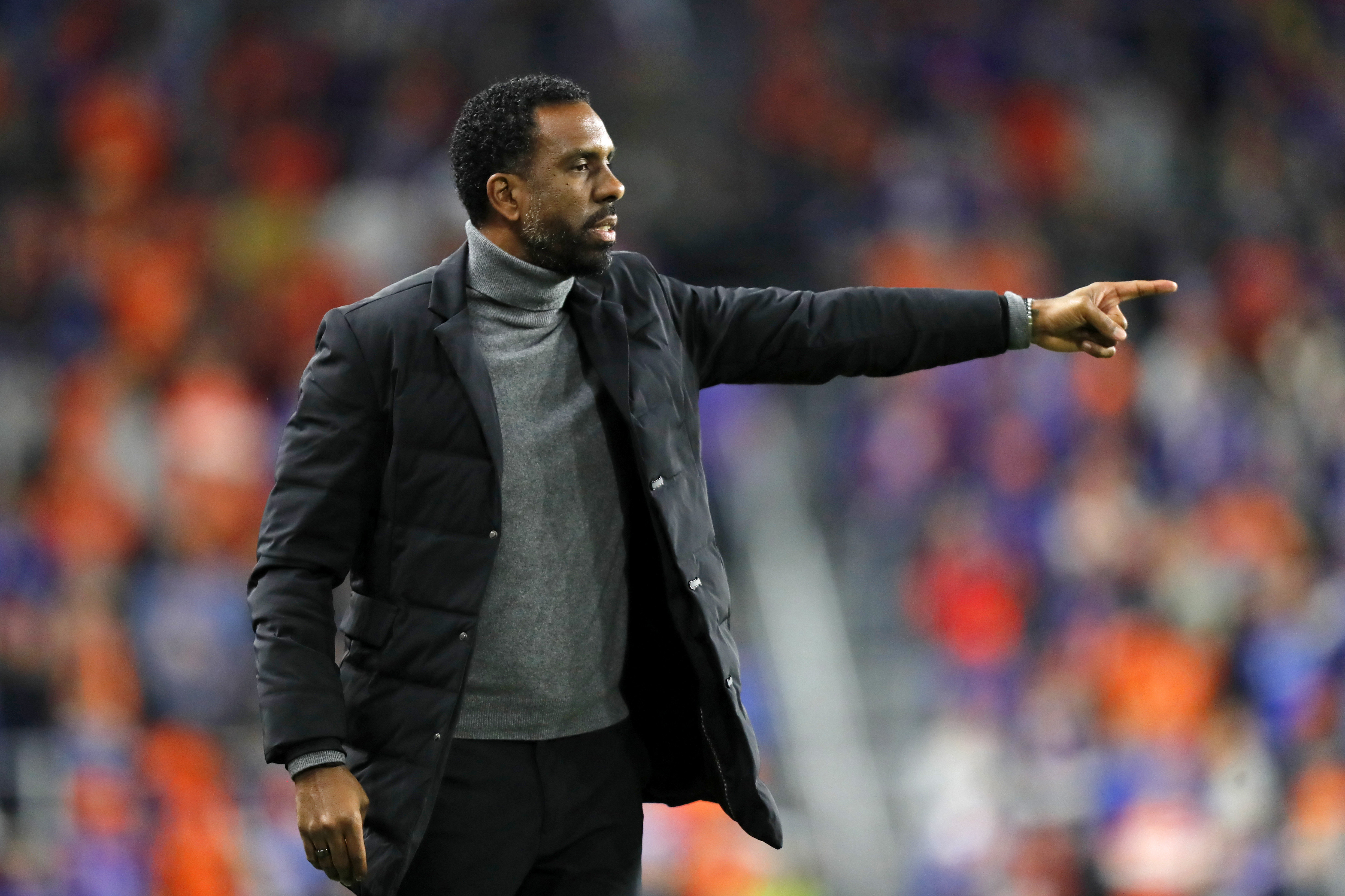 Columbus Crew head coach Wilfried Nancy directs players against FC Cincinnati during the first half at TQL Stadium.